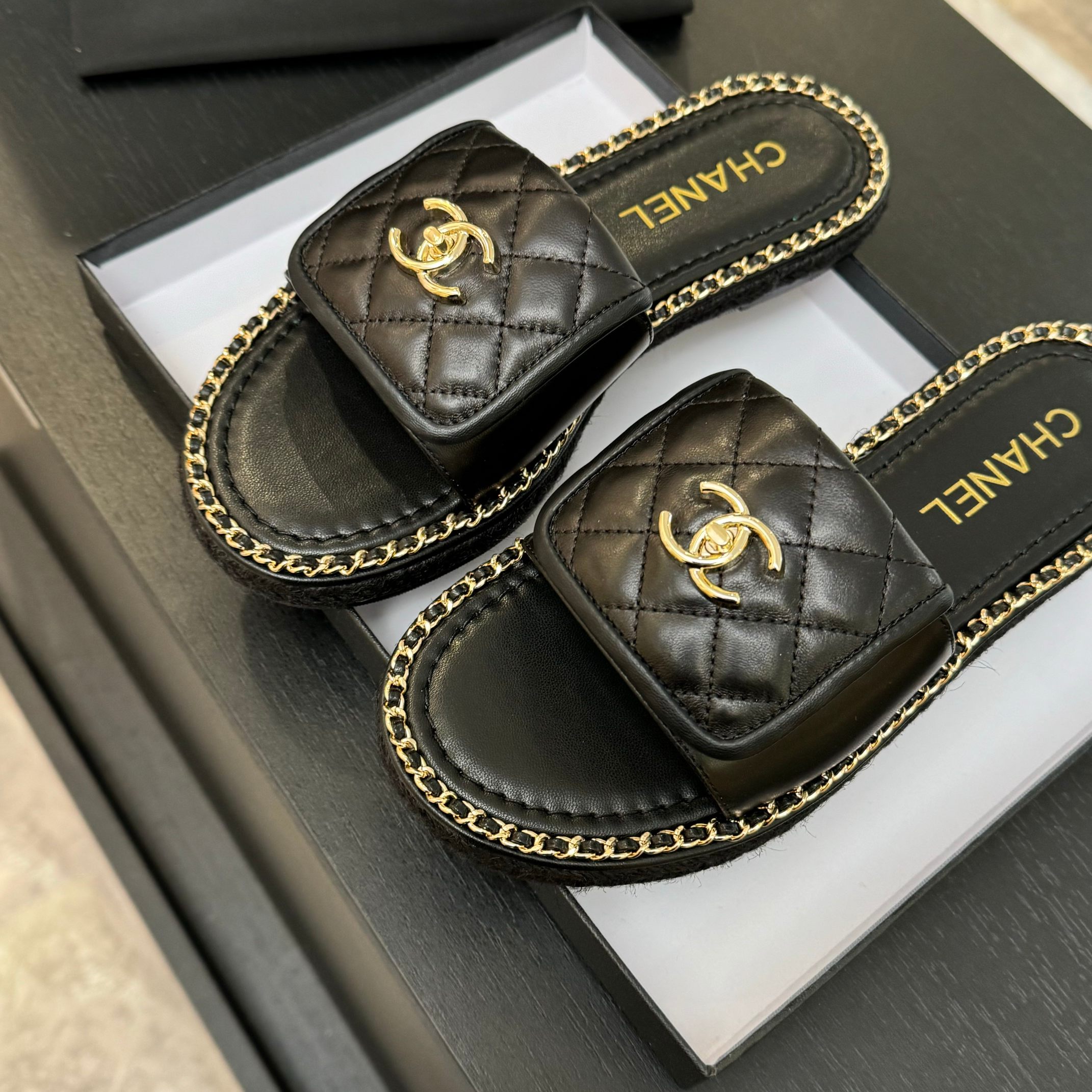 Chanel Black Quilted Leather Chain-Trimmed CC Logo Slide Sandals 6 a1744016347412 1163