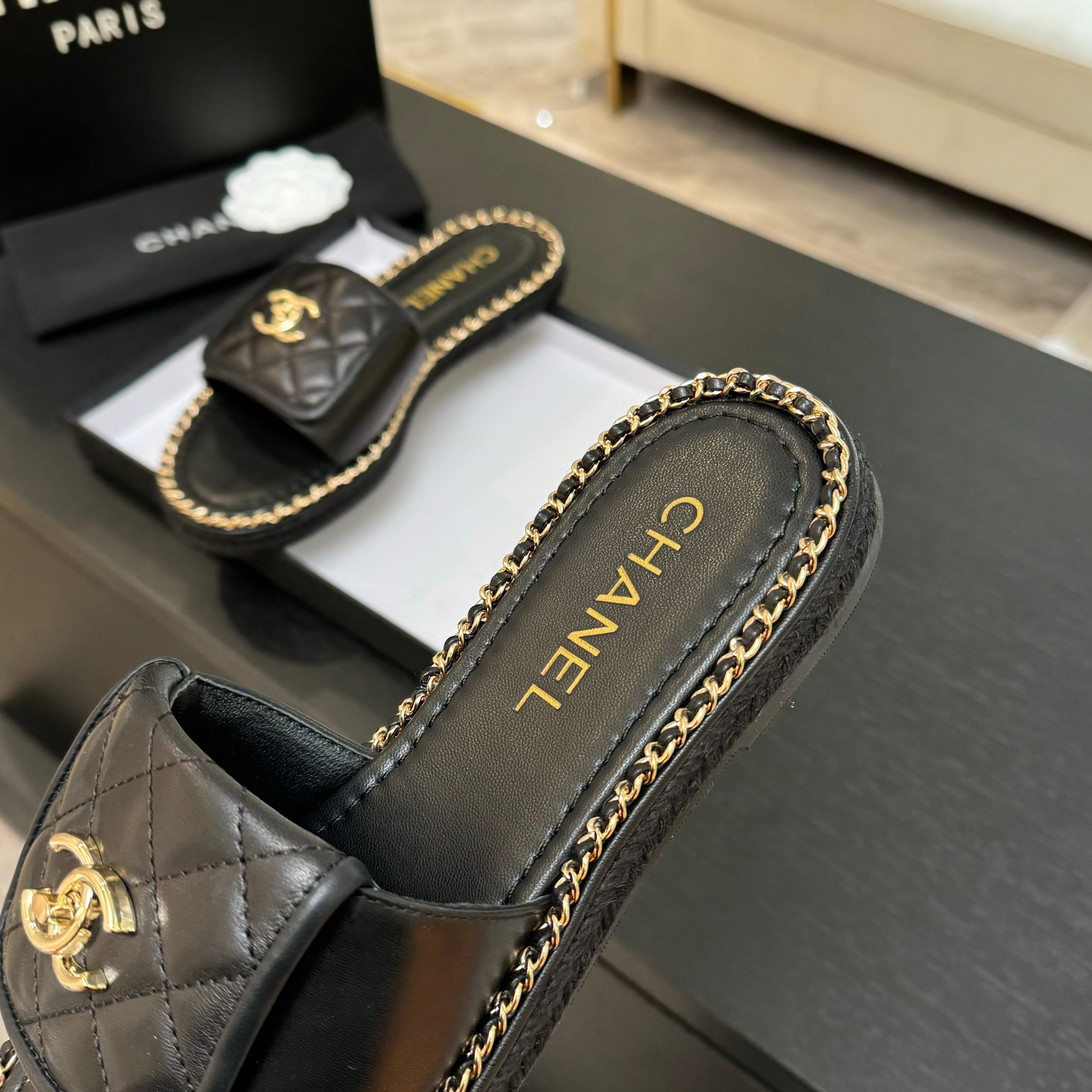 Chanel Black Quilted Leather Chain-Trimmed CC Logo Slide Sandals 5 a1744016347546 8845