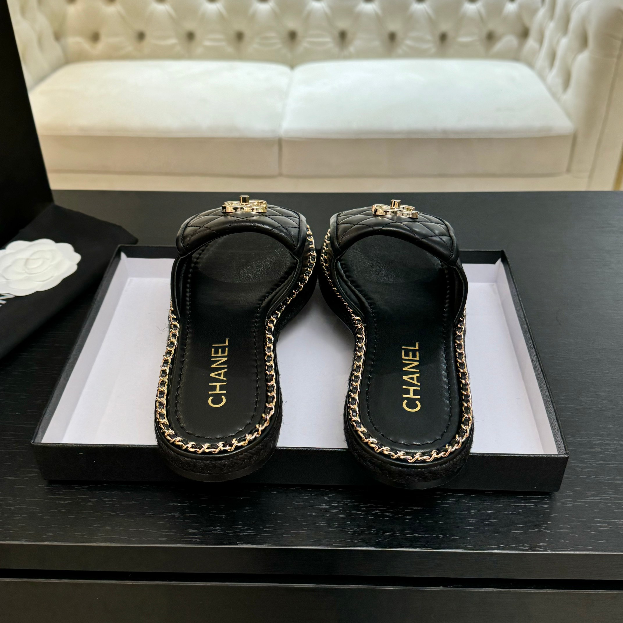 Chanel Black Quilted Leather Chain-Trimmed CC Logo Slide Sandals 8 a1744016349971 4674