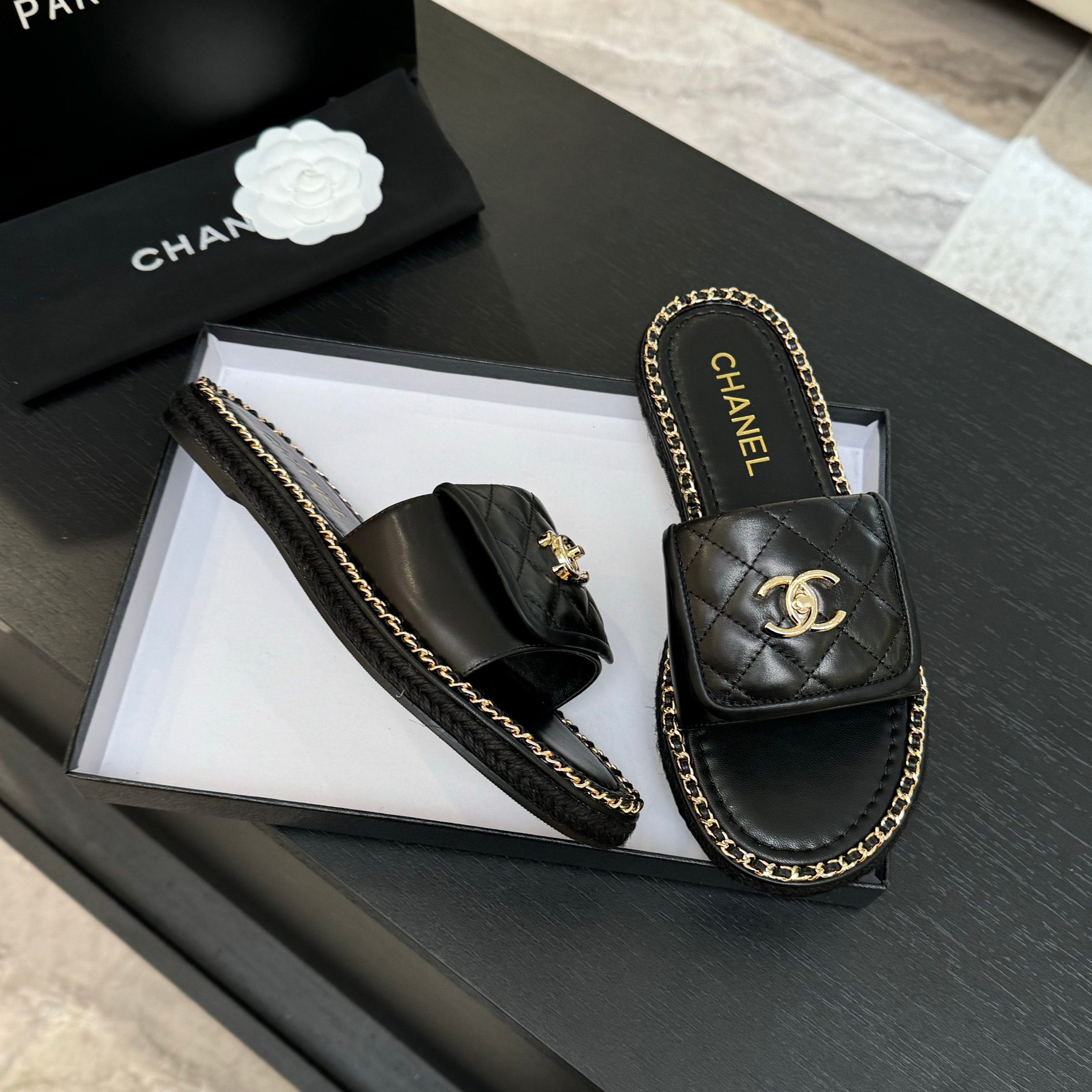 Chanel Black Quilted Leather Chain-Trimmed CC Logo Slide Sandals 10 a1744016350010 4217