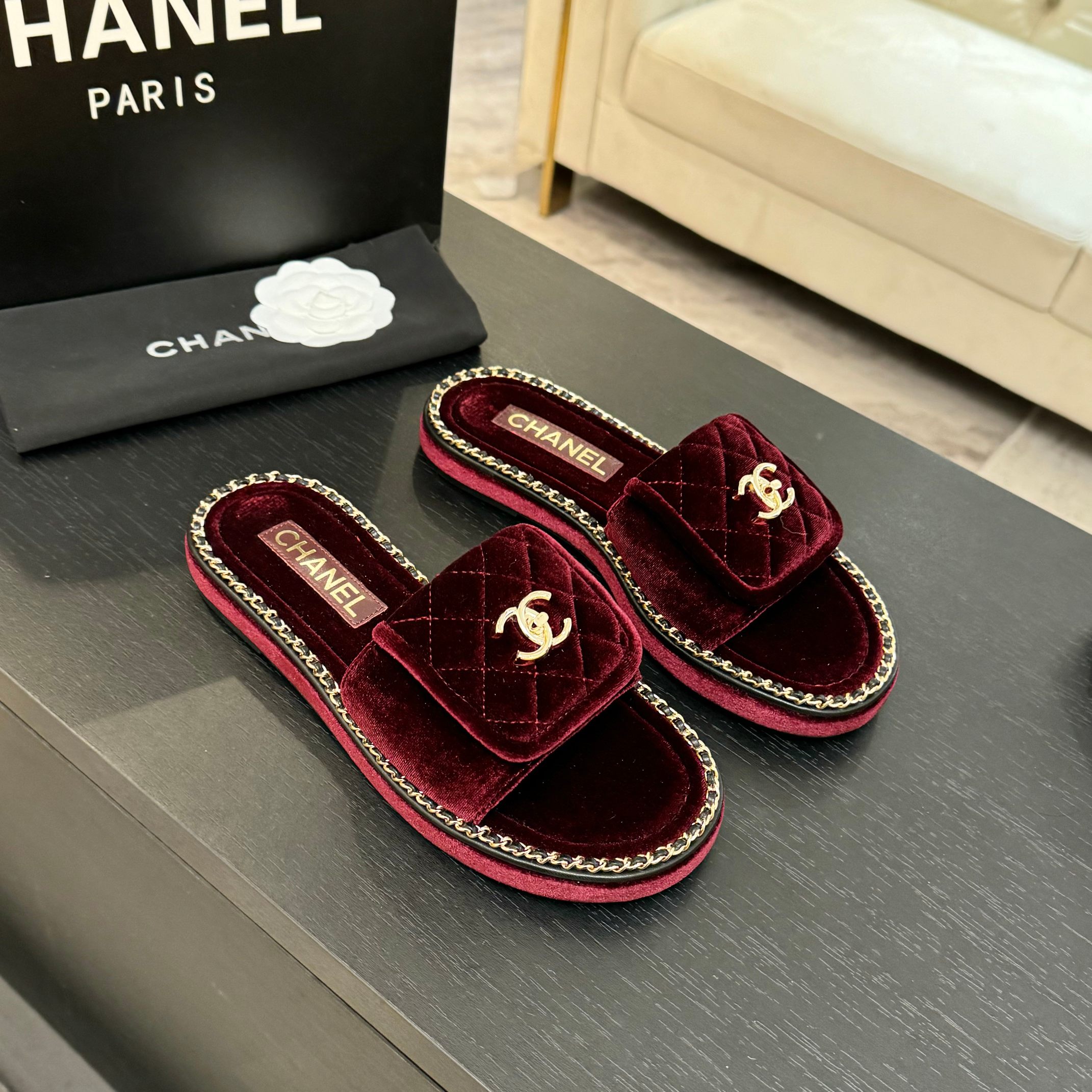CanelChanel Chain-Trimmed Quilted Velvet CC Logo Sandals Slides Burgundy 1 CanelChanel Chain-Trimmed Quilted Velvet CC Logo Sandals Slides Burgundy