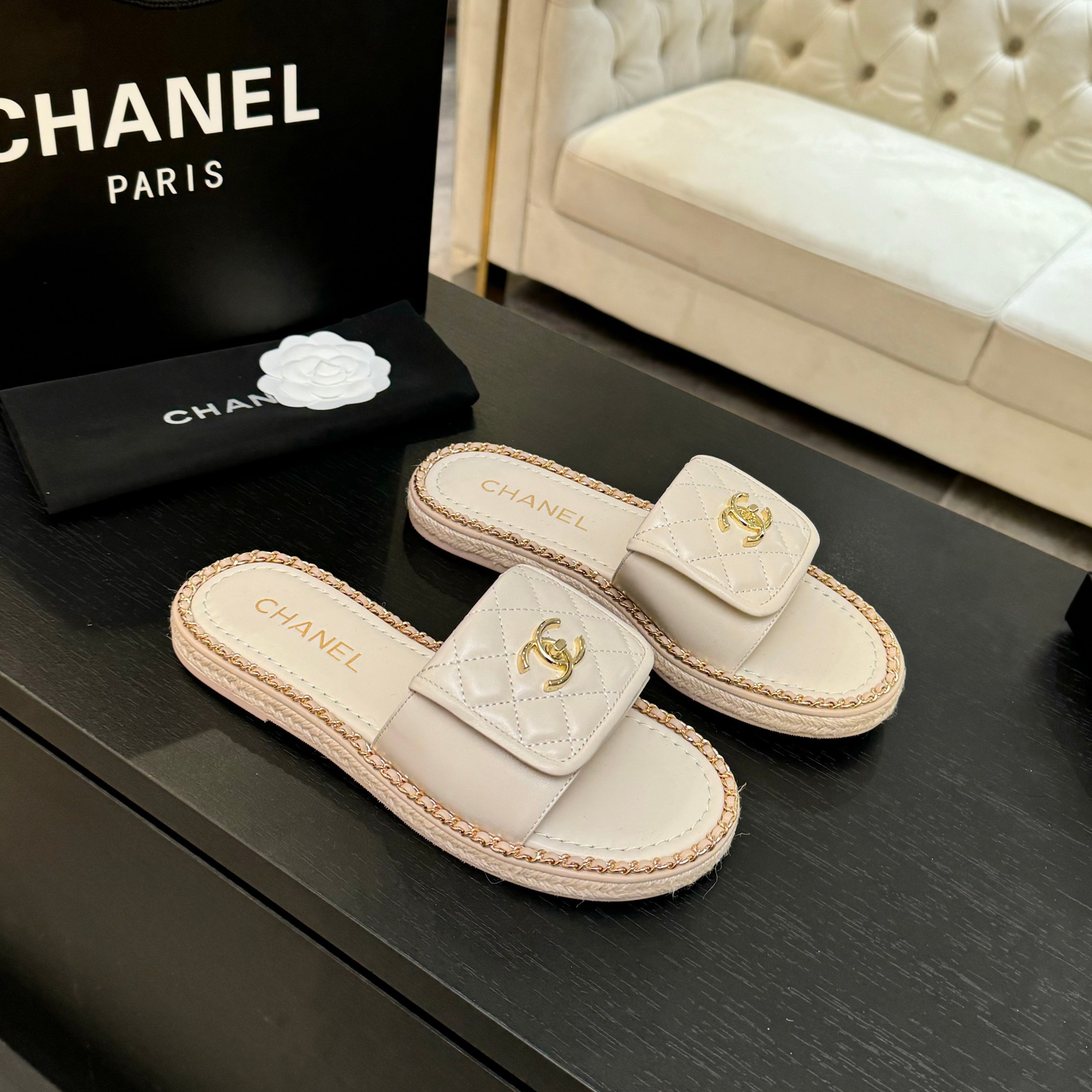 Chanel CC Chain Trim Quilted Leather Sandals - Elegant Summer Slides 2 a1744016383692 8435