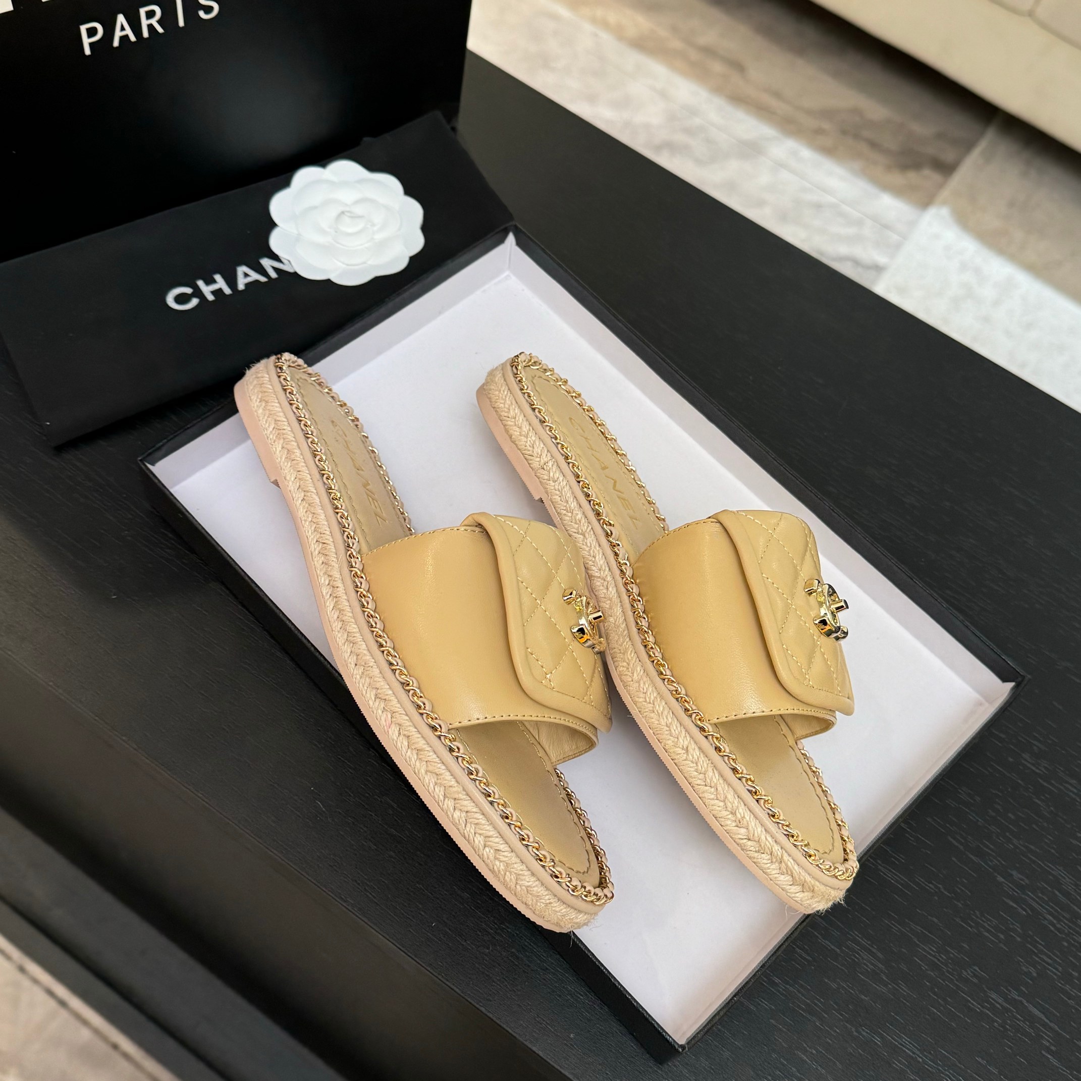 Chanel Beige Lambskin Quilted CC Chain Trim Espadrille Sandals Slides 6 a1744016398876 5287