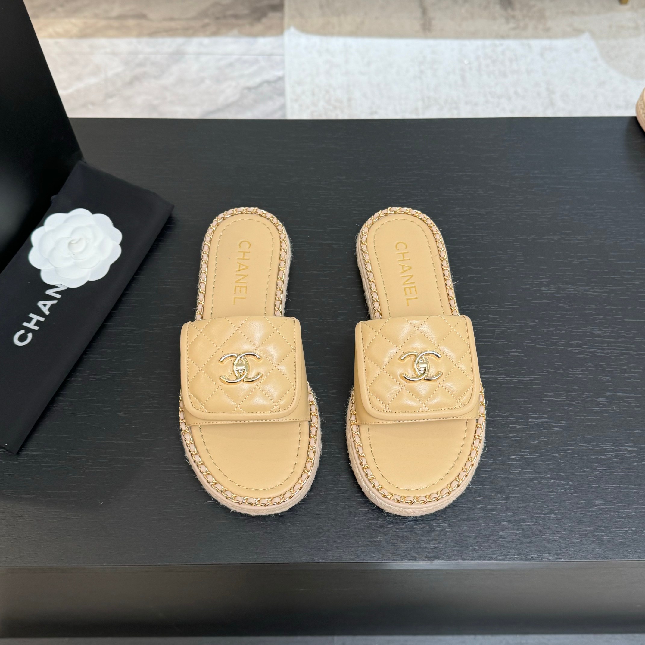 Chanel Beige Lambskin Quilted CC Chain Trim Espadrille Sandals Slides 3 a1744016398933 3588