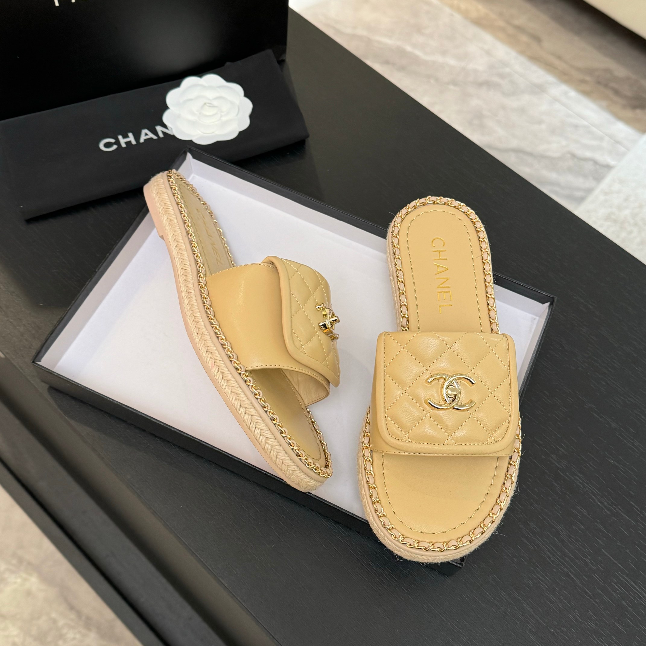 Chanel Beige Lambskin Quilted CC Chain Trim Espadrille Sandals Slides 5 a1744016398960 2158