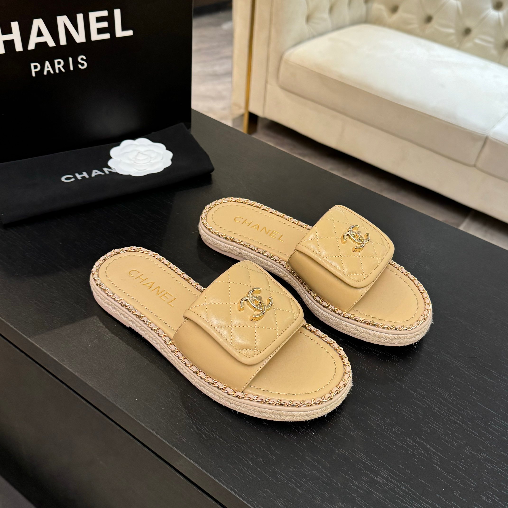 Chanel Beige Lambskin Quilted CC Chain Trim Espadrille Sandals Slides 1 Chanel Beige Lambskin Quilted CC Chain Trim Espadrille Sandals Slides