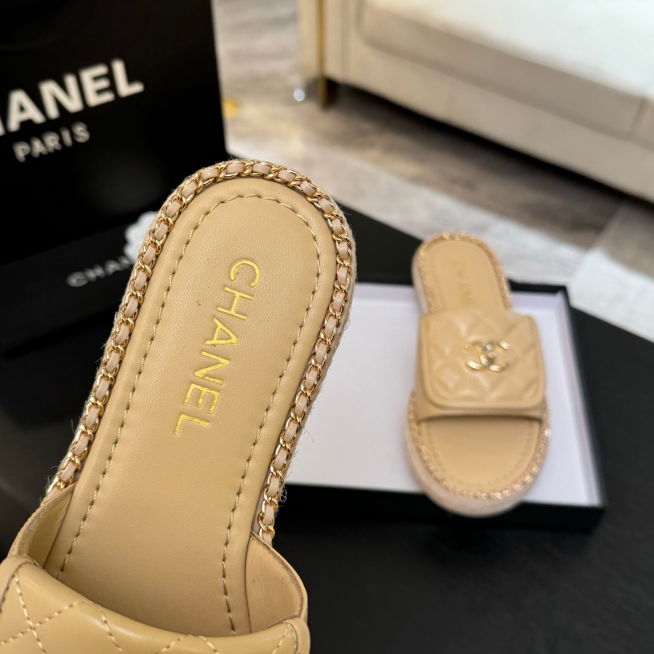 Chanel Beige Lambskin Quilted CC Chain Trim Espadrille Sandals Slides 7 a1744016400890 4101