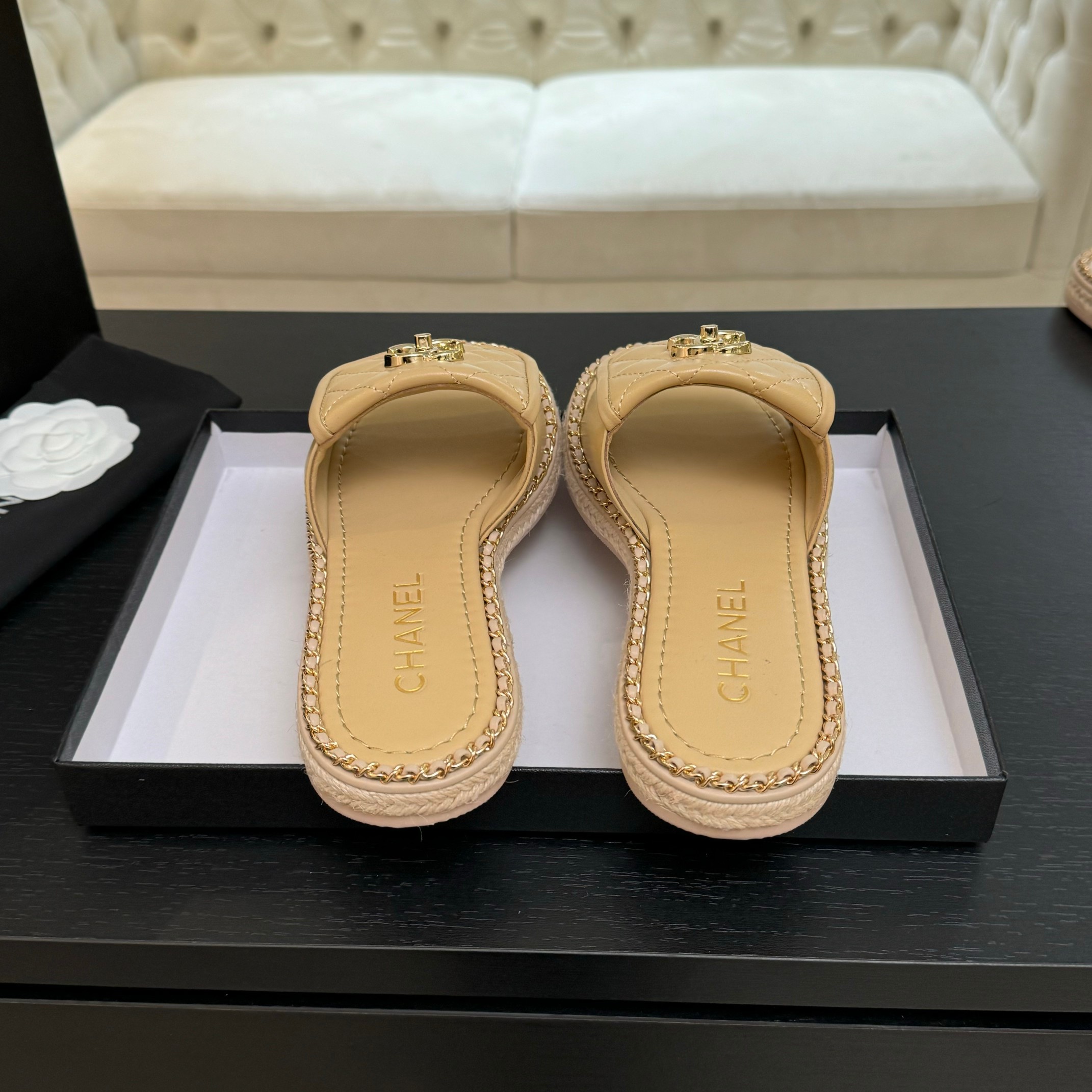 Chanel Beige Lambskin Quilted CC Chain Trim Espadrille Sandals Slides 10 a1744016400899 5078