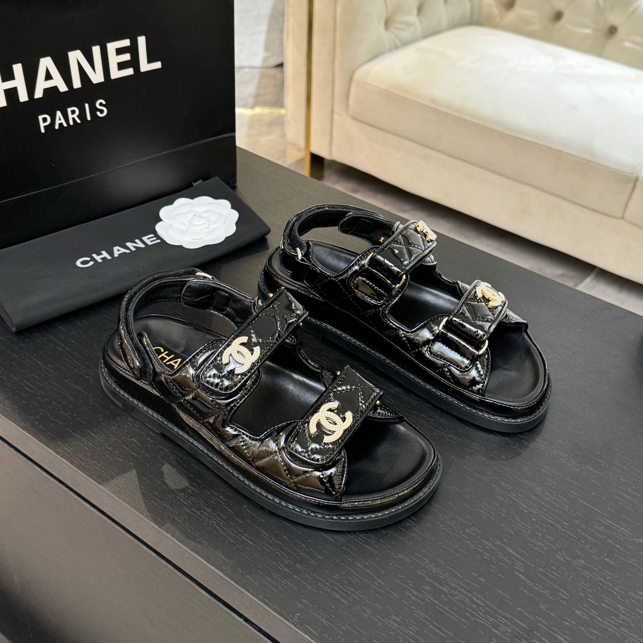 Chanel Women's Black Lambskin Crystal Sandals CC Logo Beach Shoes Slides 3 a1744187840409 3435