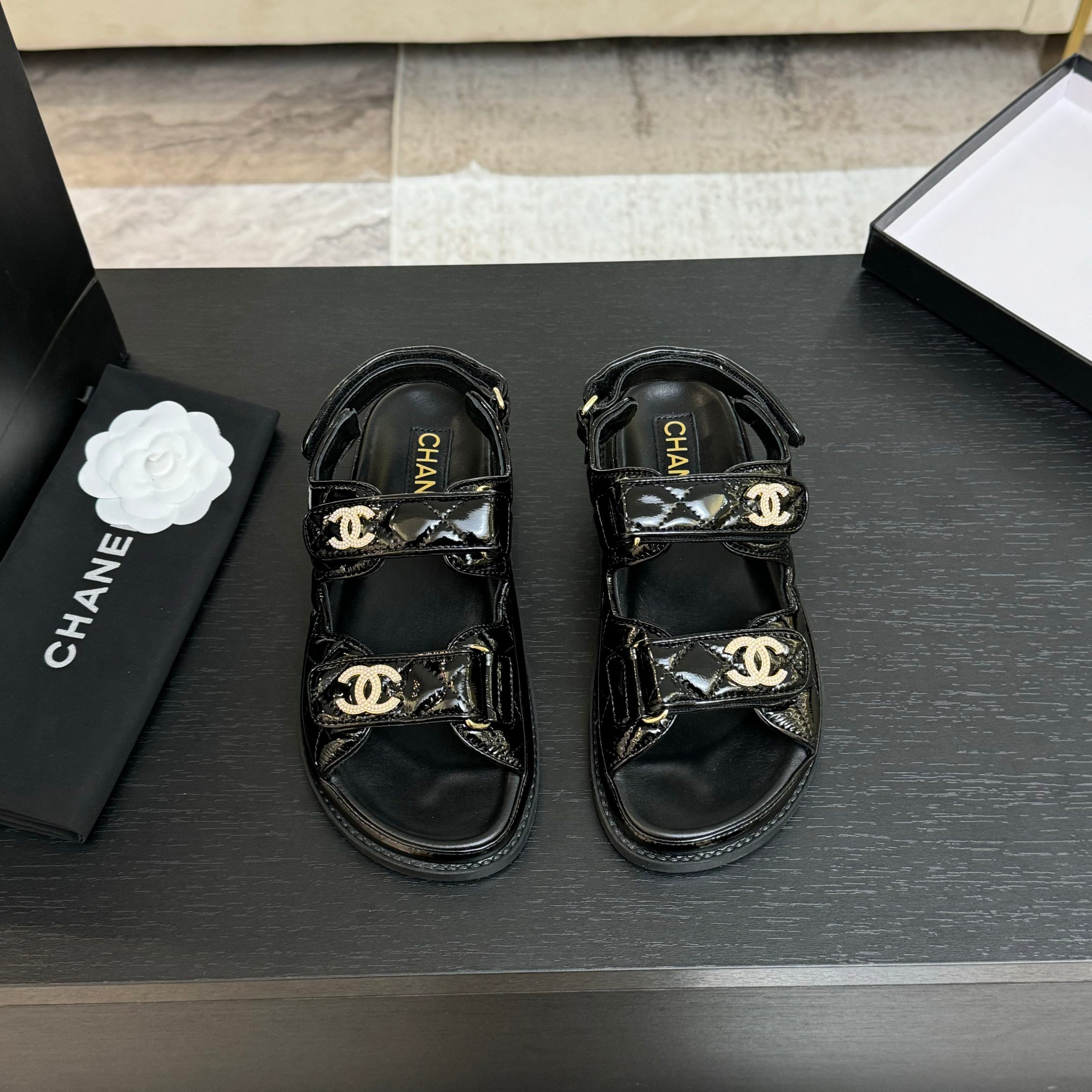 Chanel Women's Black Lambskin Crystal Sandals CC Logo Beach Shoes Slides 1 Chanel Women's Black Lambskin Crystal Sandals CC Logo Beach Shoes Slides