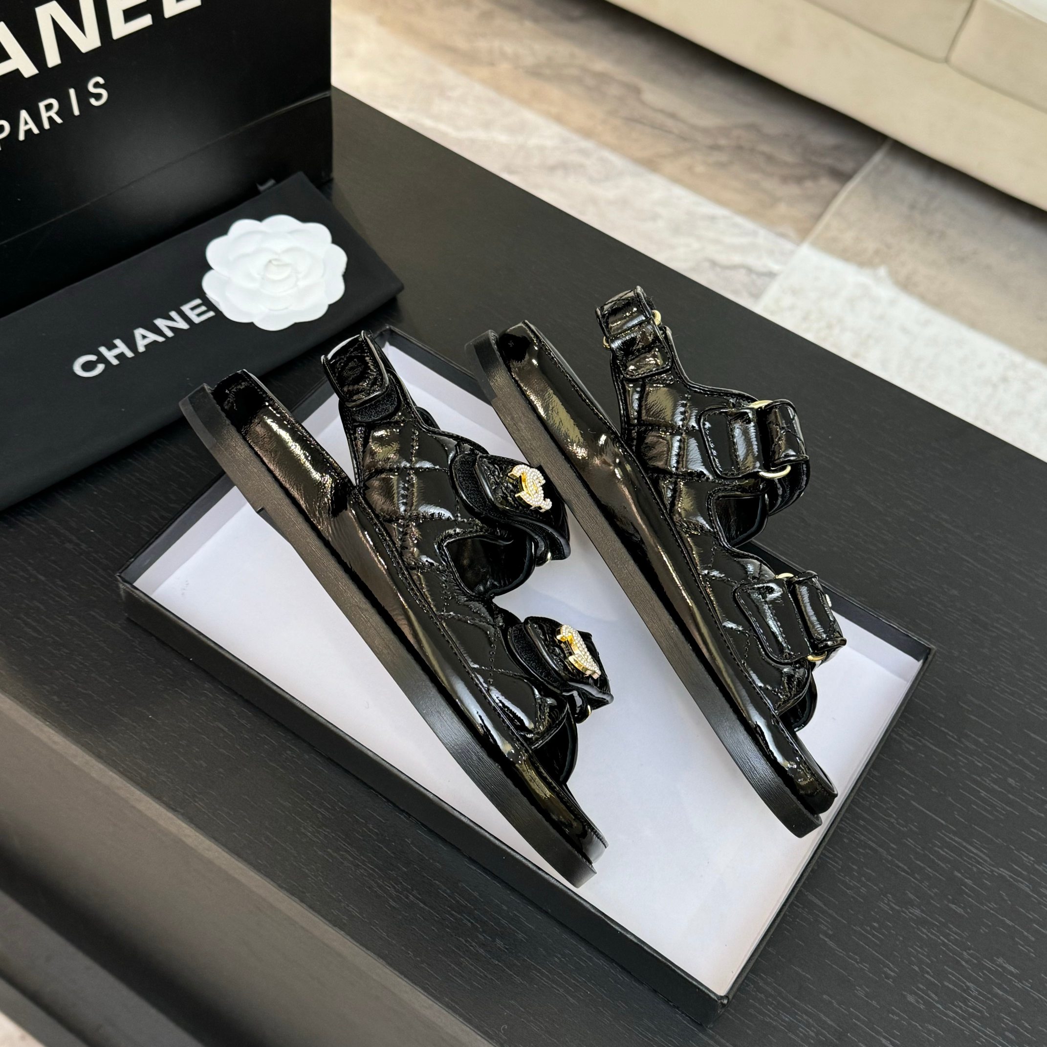 Chanel Women's Black Lambskin Crystal Sandals CC Logo Beach Shoes Slides 8 a1744187842496 6136