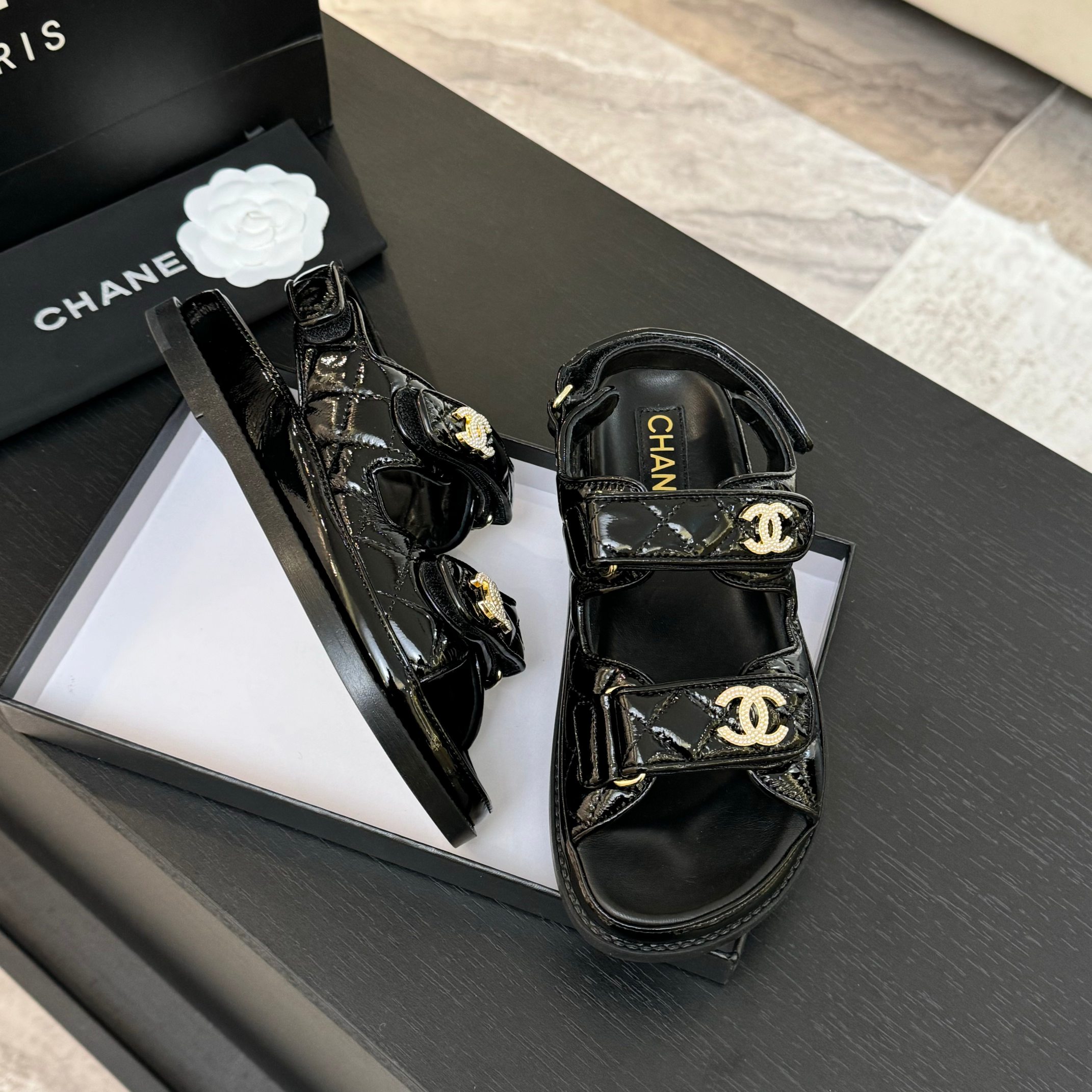 Chanel Women's Black Lambskin Crystal Sandals CC Logo Beach Shoes Slides 7 a1744187842536 0155