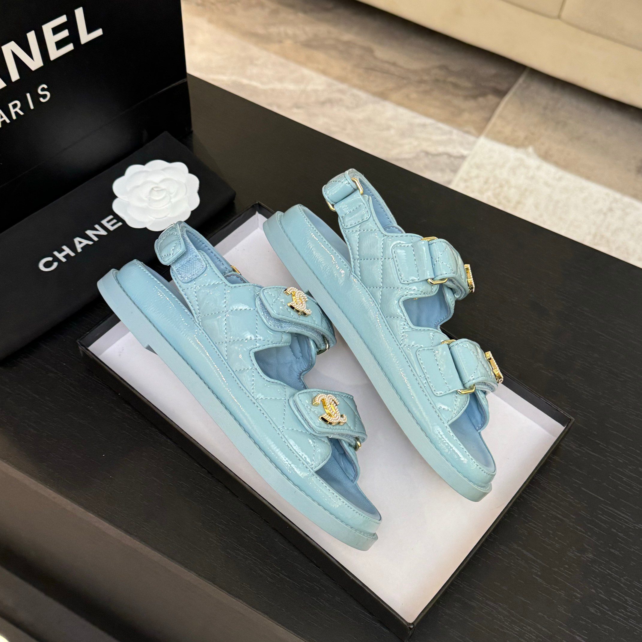 Chanel Women's Lambskin Leather Beach Sandals with Velcro Straps - Blue 5 a1744187858381 5763