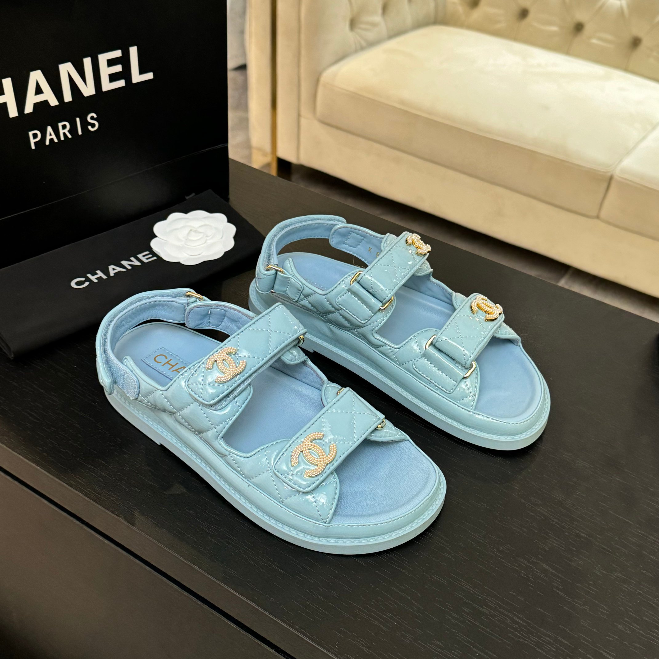 Chanel Women's Lambskin Leather Beach Sandals with Velcro Straps - Blue 3 a1744187858396 1326