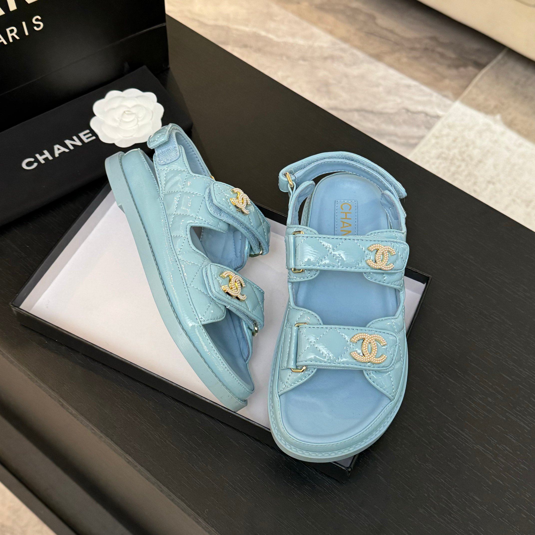 Chanel Women's Lambskin Leather Beach Sandals with Velcro Straps - Blue 4 a1744187858438 3026