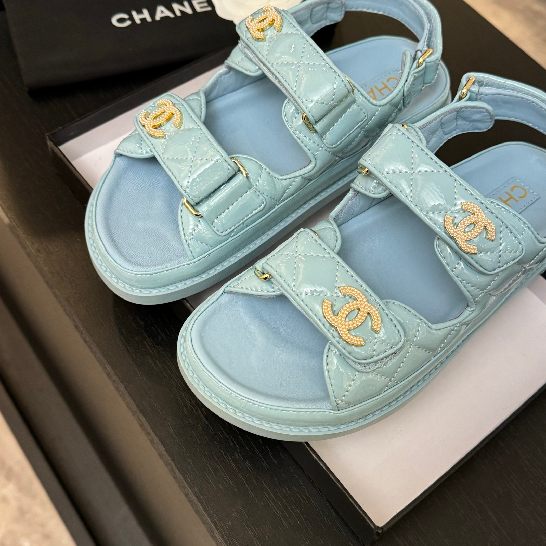 Chanel Women's Lambskin Leather Beach Sandals with Velcro Straps - Blue 6 a1744187858549 1572