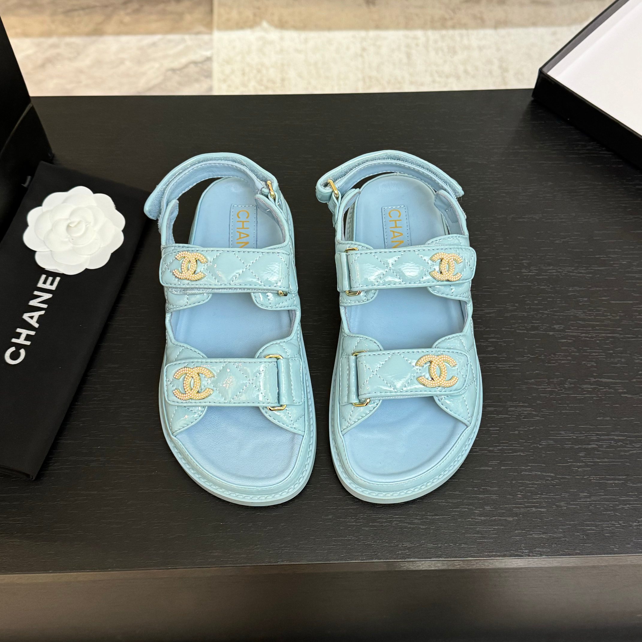 Chanel Women's Lambskin Leather Beach Sandals with Velcro Straps - Blue 2 a1744187858855 1084