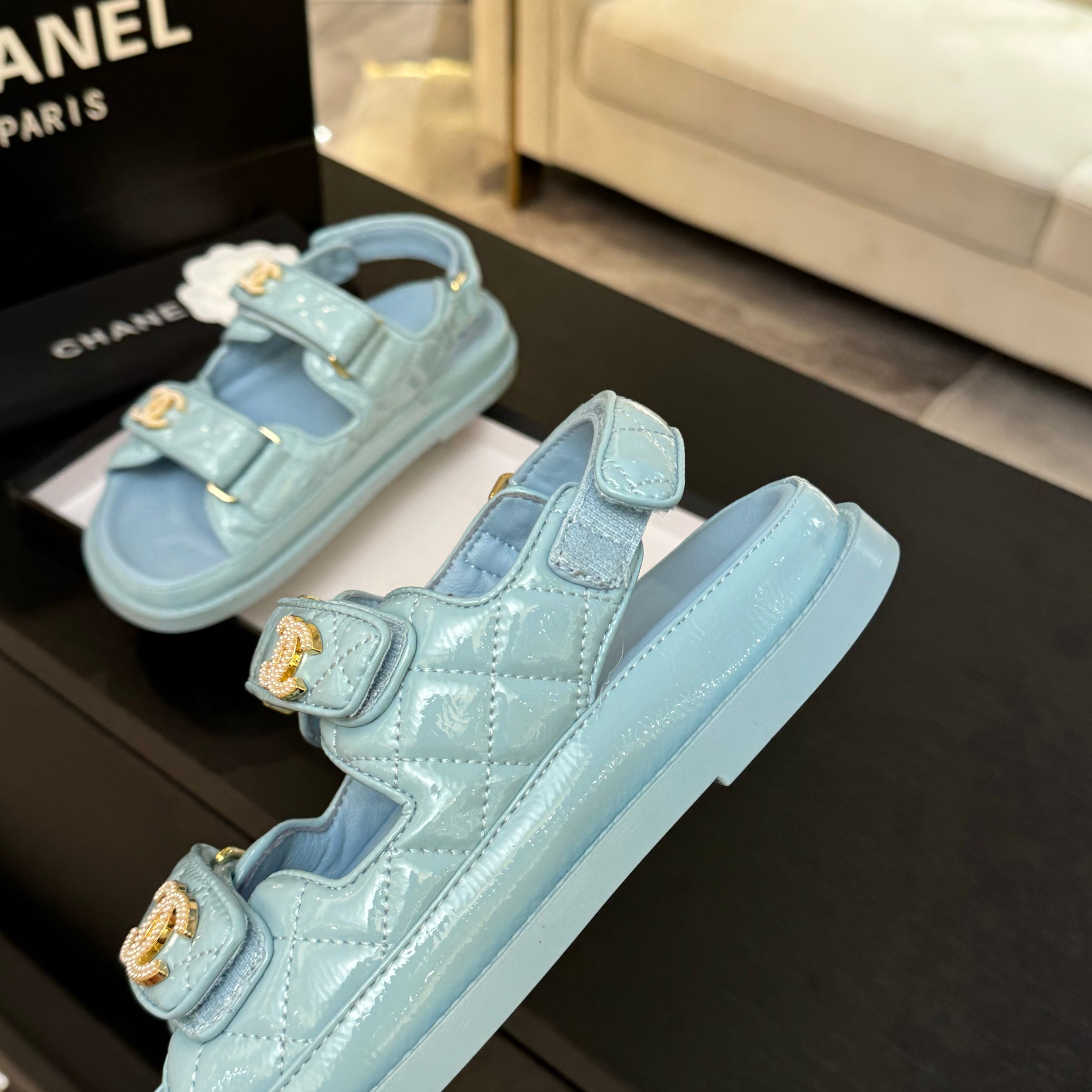 Chanel Women's Lambskin Leather Beach Sandals with Velcro Straps - Blue 10 a1744187860668 8732