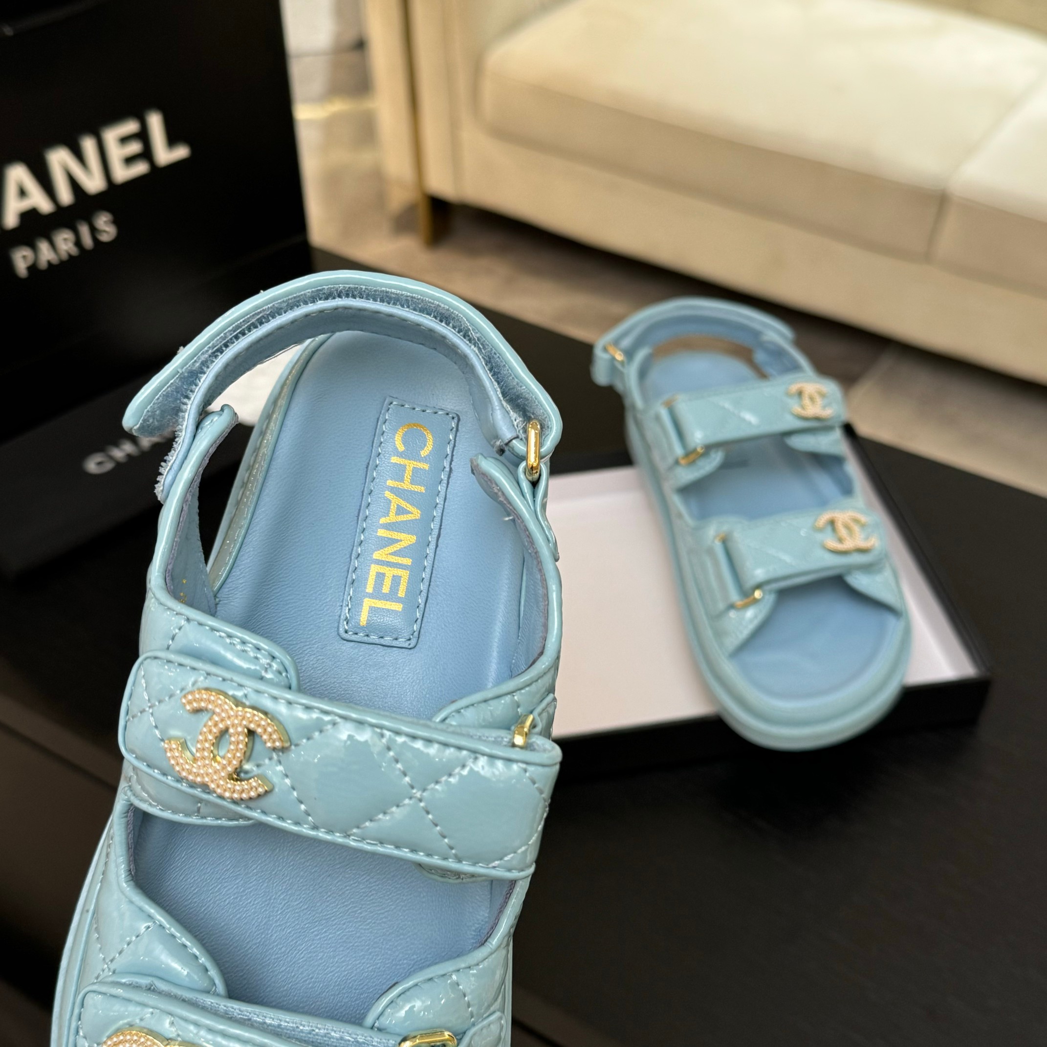 Chanel Women's Lambskin Leather Beach Sandals with Velcro Straps - Blue 7 a1744187860671 2037