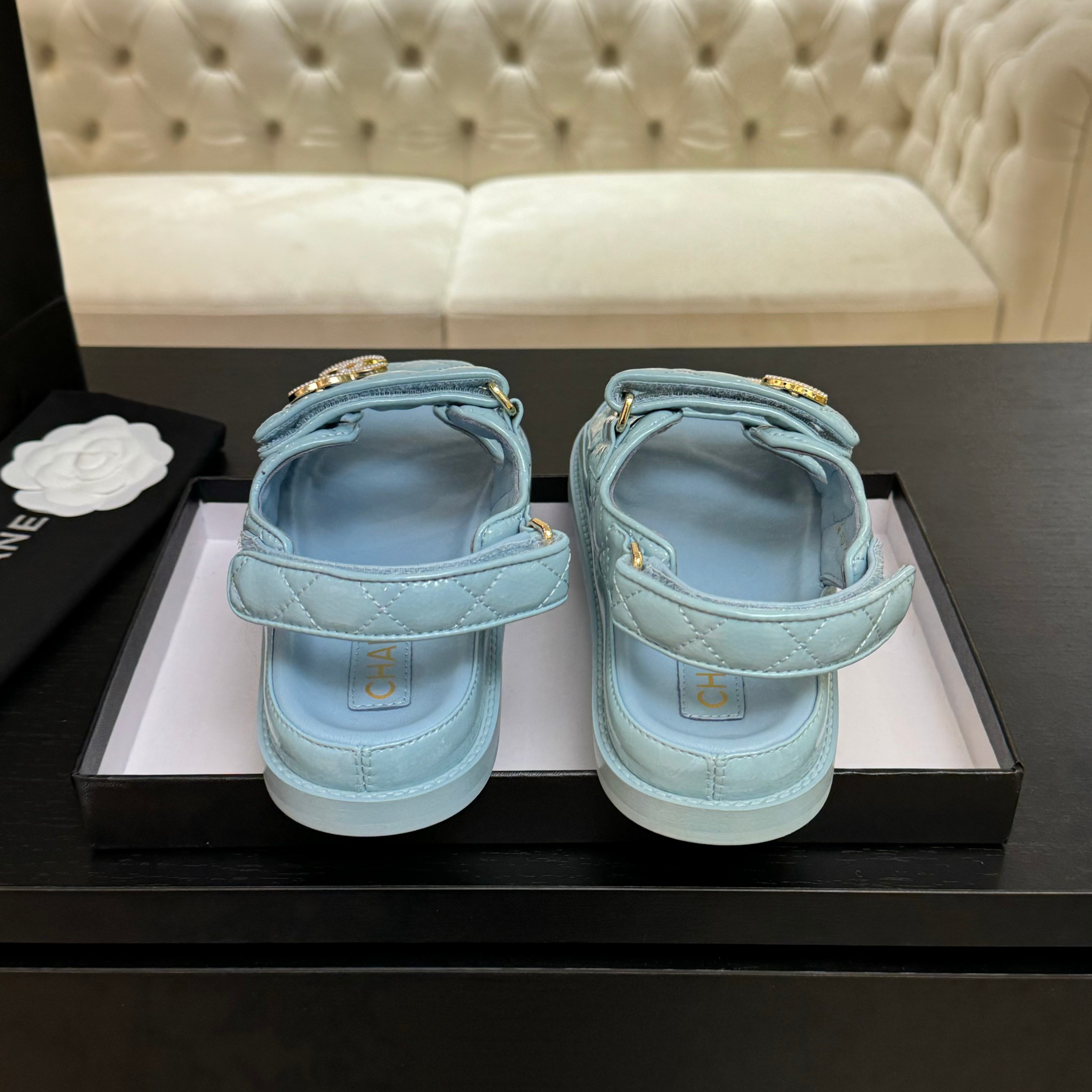 Chanel Women's Lambskin Leather Beach Sandals with Velcro Straps - Blue 8 a1744187860709 7711