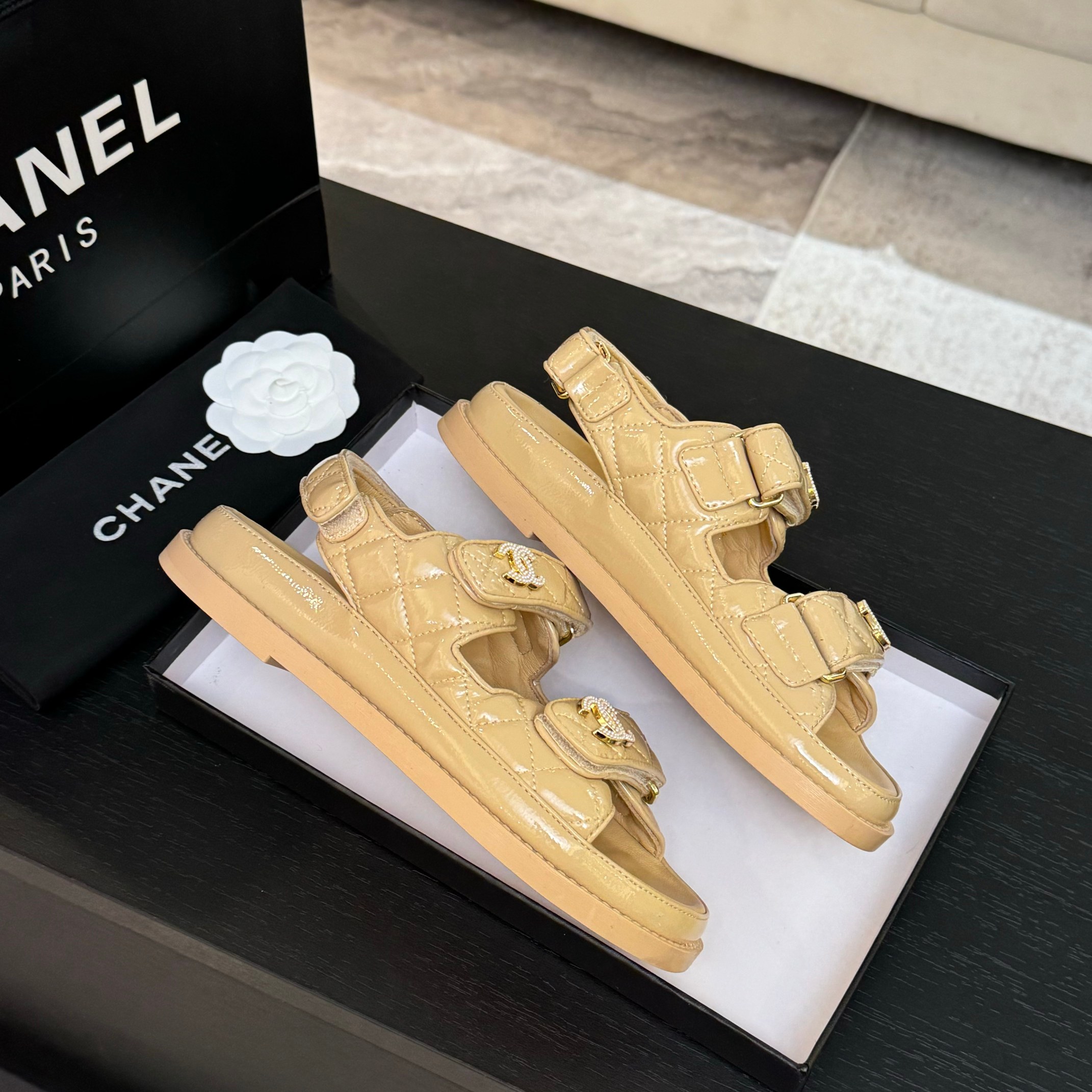 Chanel Women's Beige Lambskin Velcro Sandals with CC Logo - Summer Essential 5 a1744187892306 4343