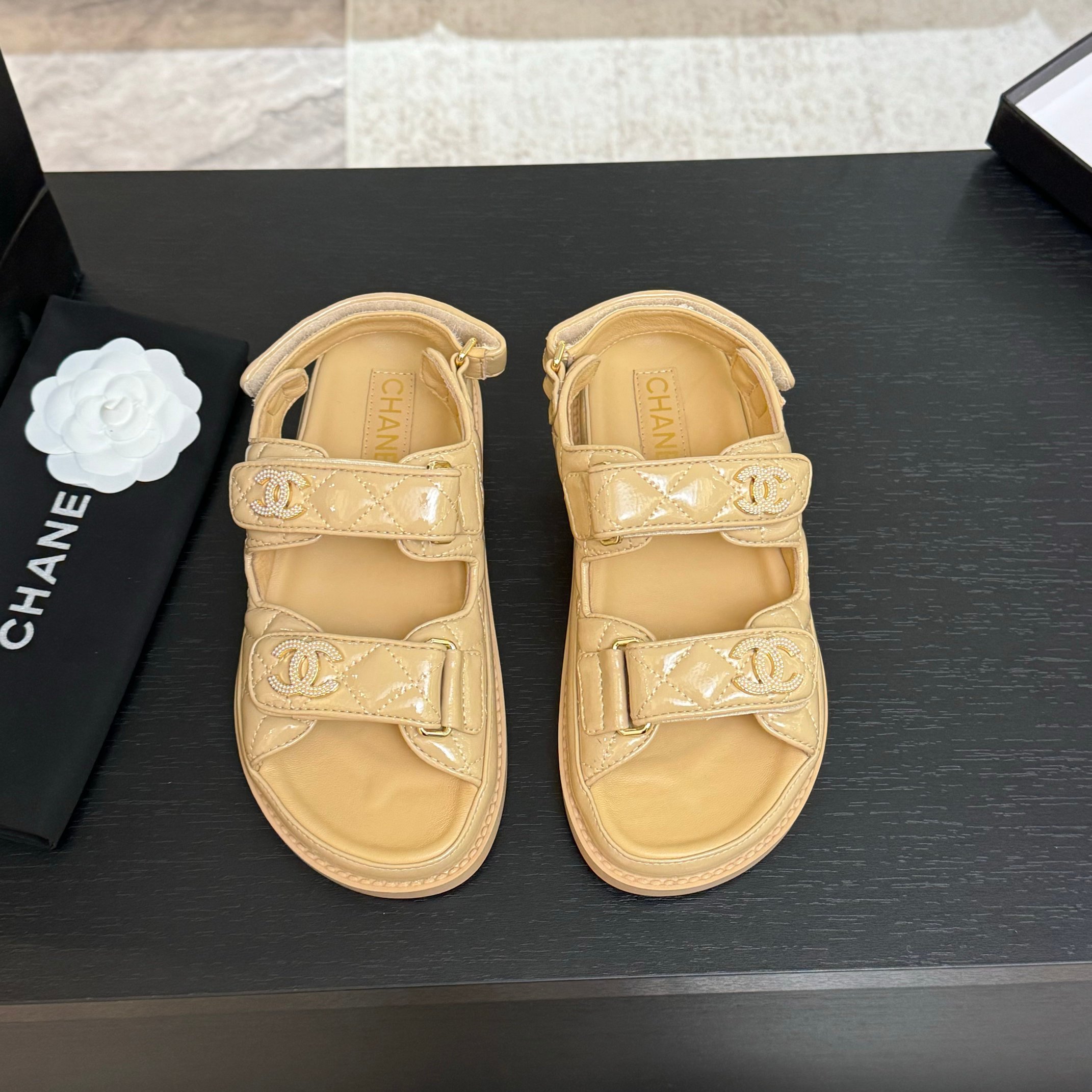 Chanel Women's Beige Lambskin Velcro Sandals with CC Logo - Summer Essential 2 a1744187892316 4576