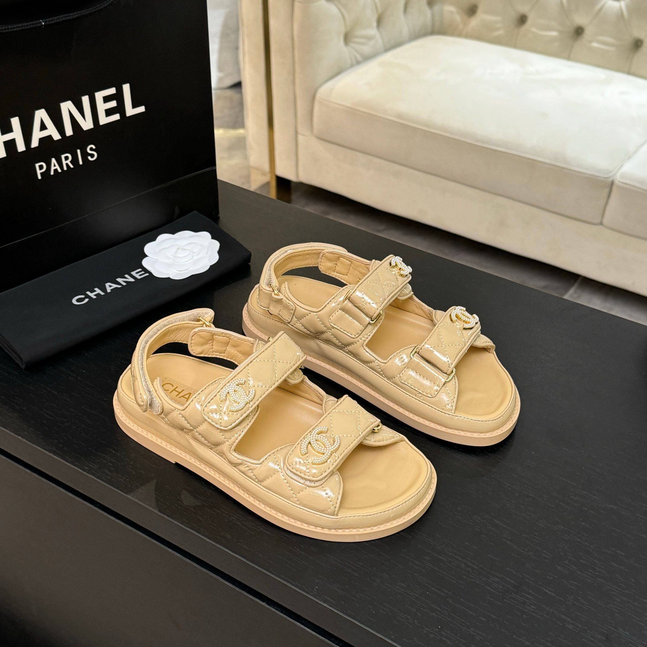 Chanel Women's Beige Lambskin Velcro Sandals with CC Logo - Summer Essential 3 a1744187892324 2772