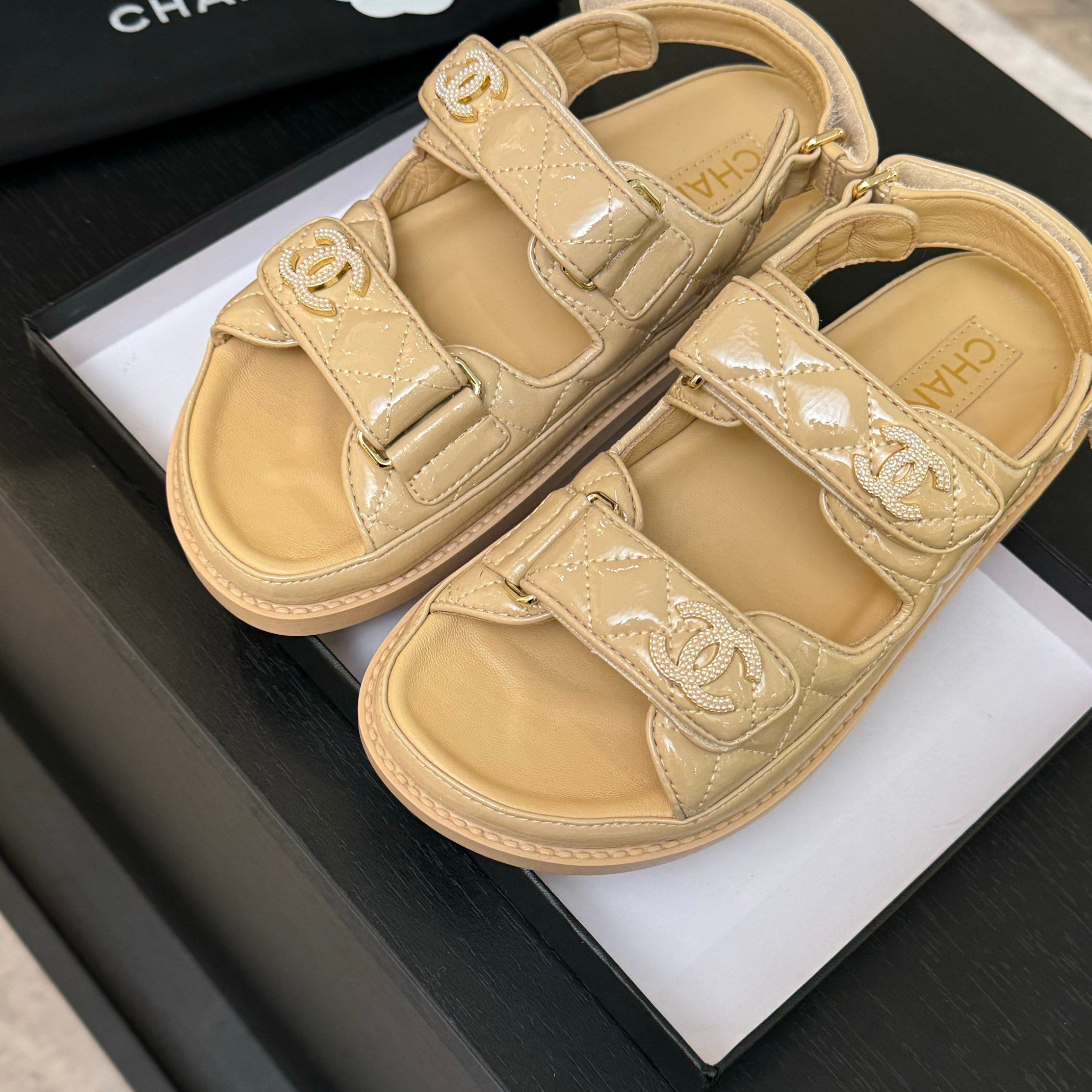 Chanel Women's Beige Lambskin Velcro Sandals with CC Logo - Summer Essential 6 a1744187892761 5531