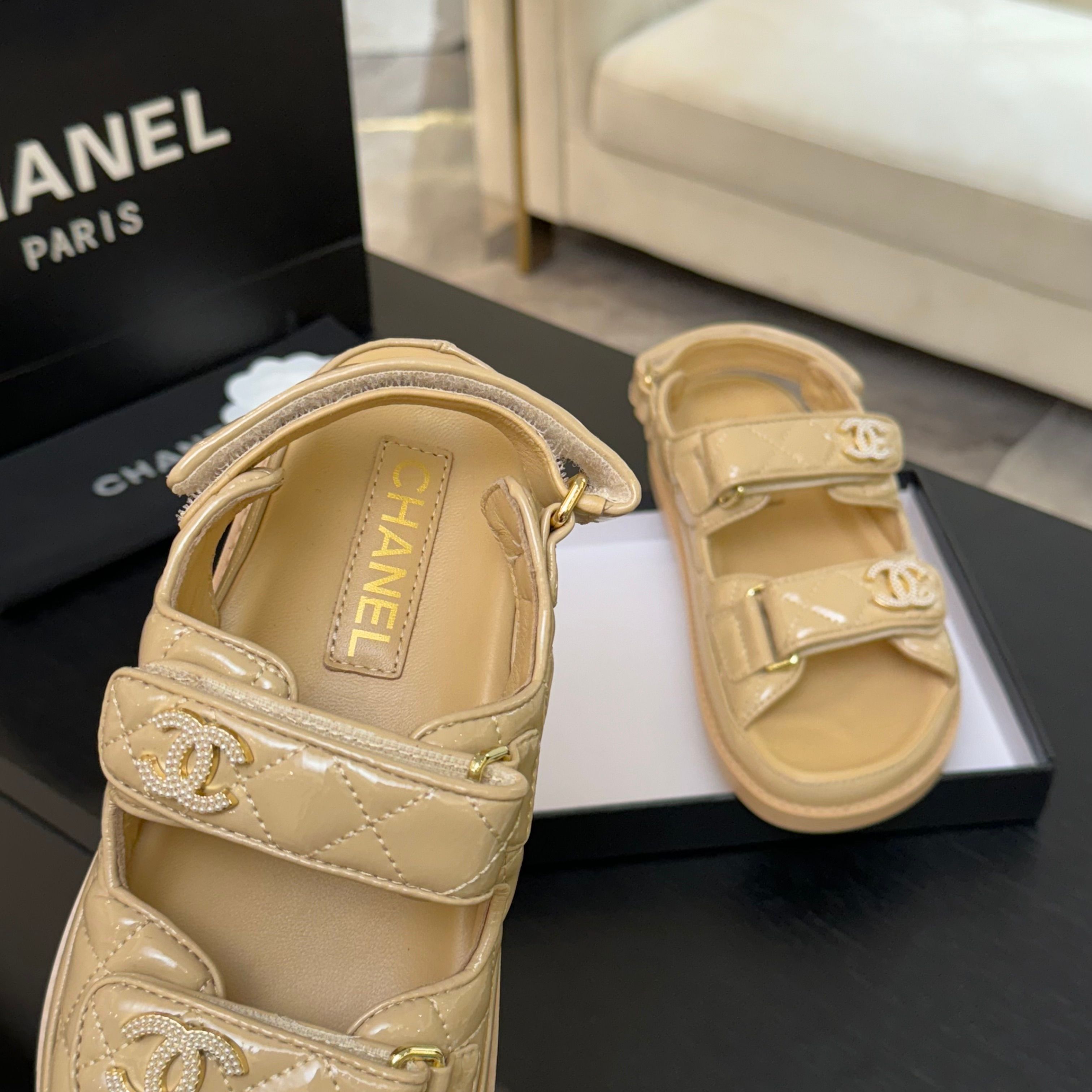 Chanel Women's Beige Lambskin Velcro Sandals with CC Logo - Summer Essential 7 a1744187895084 2875
