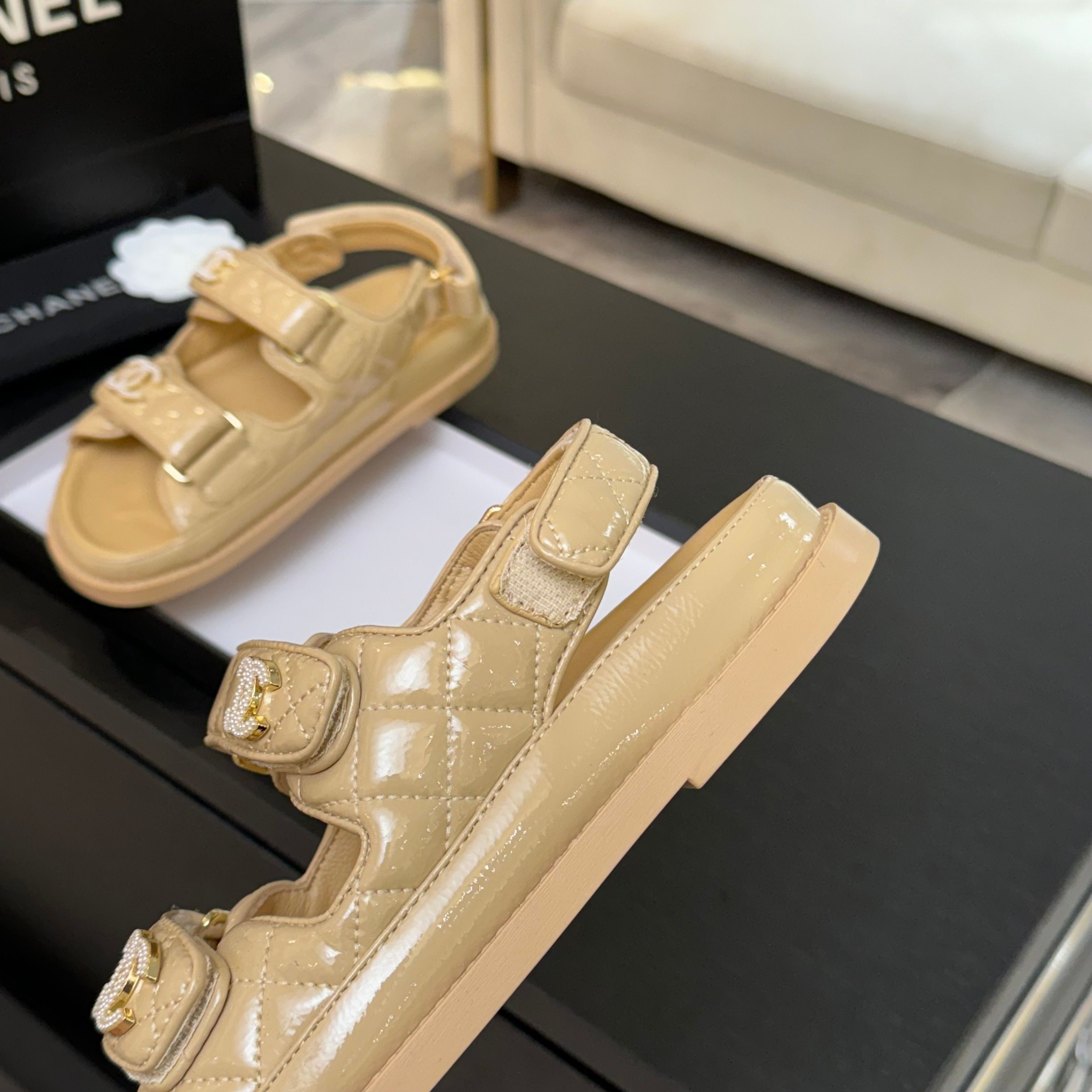 Chanel Women's Beige Lambskin Velcro Sandals with CC Logo - Summer Essential 8 a1744187895172 3821
