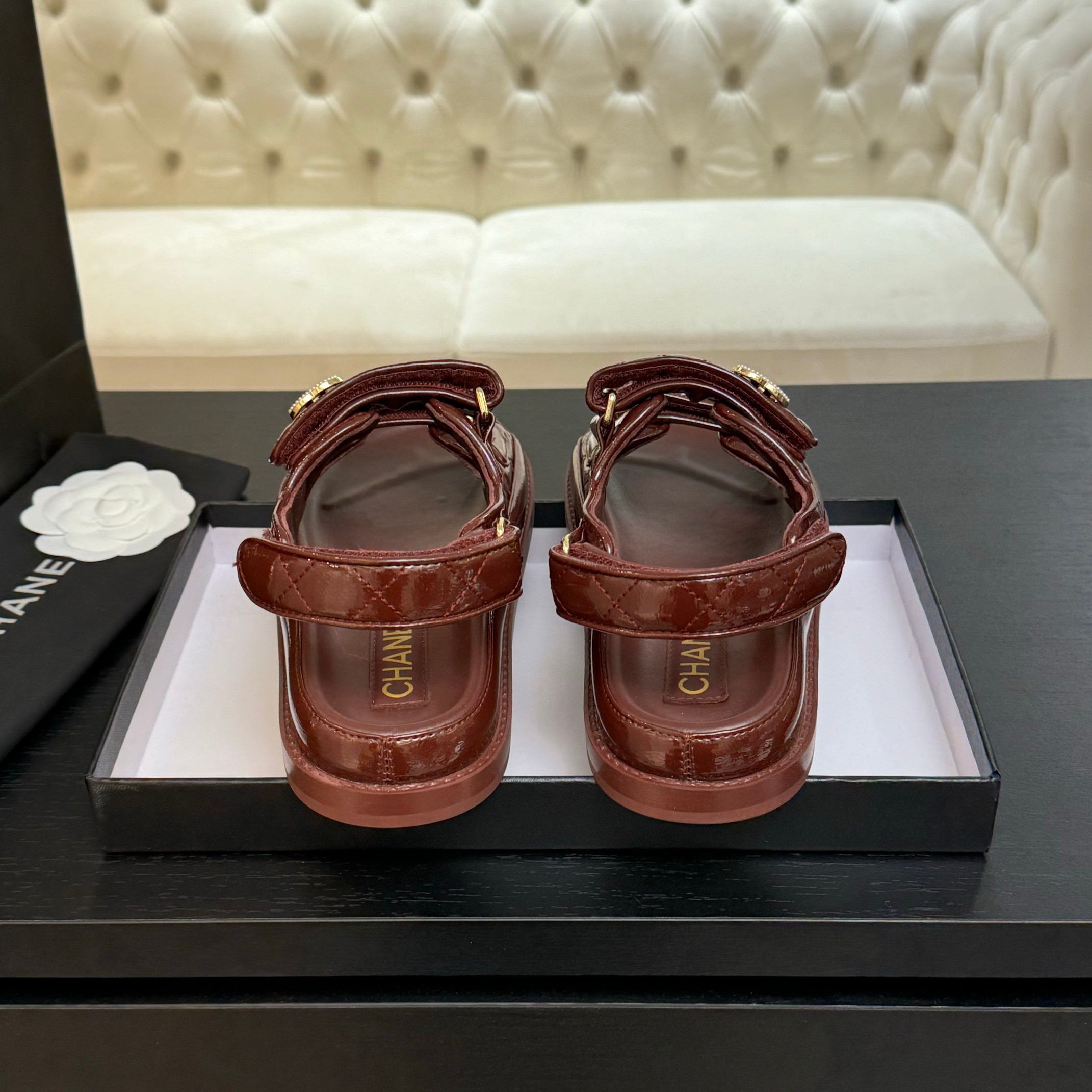 Chanel Velcro Beach Sandals Lambskin Crystal Lining Rubber Sole Maroon 5 a1744187911503 0680