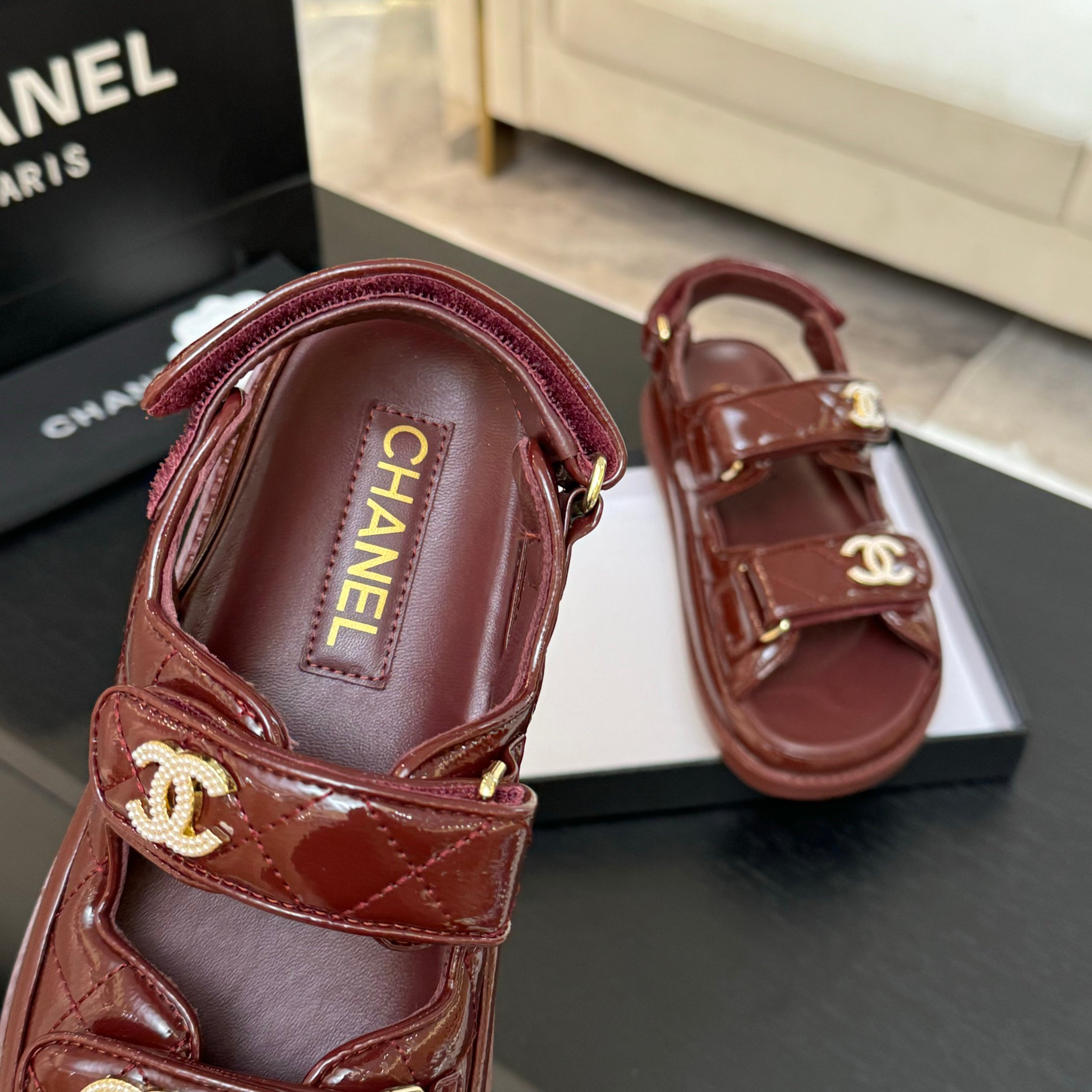 Chanel Velcro Beach Sandals Lambskin Crystal Lining Rubber Sole Maroon 3 a1744187911589 4448