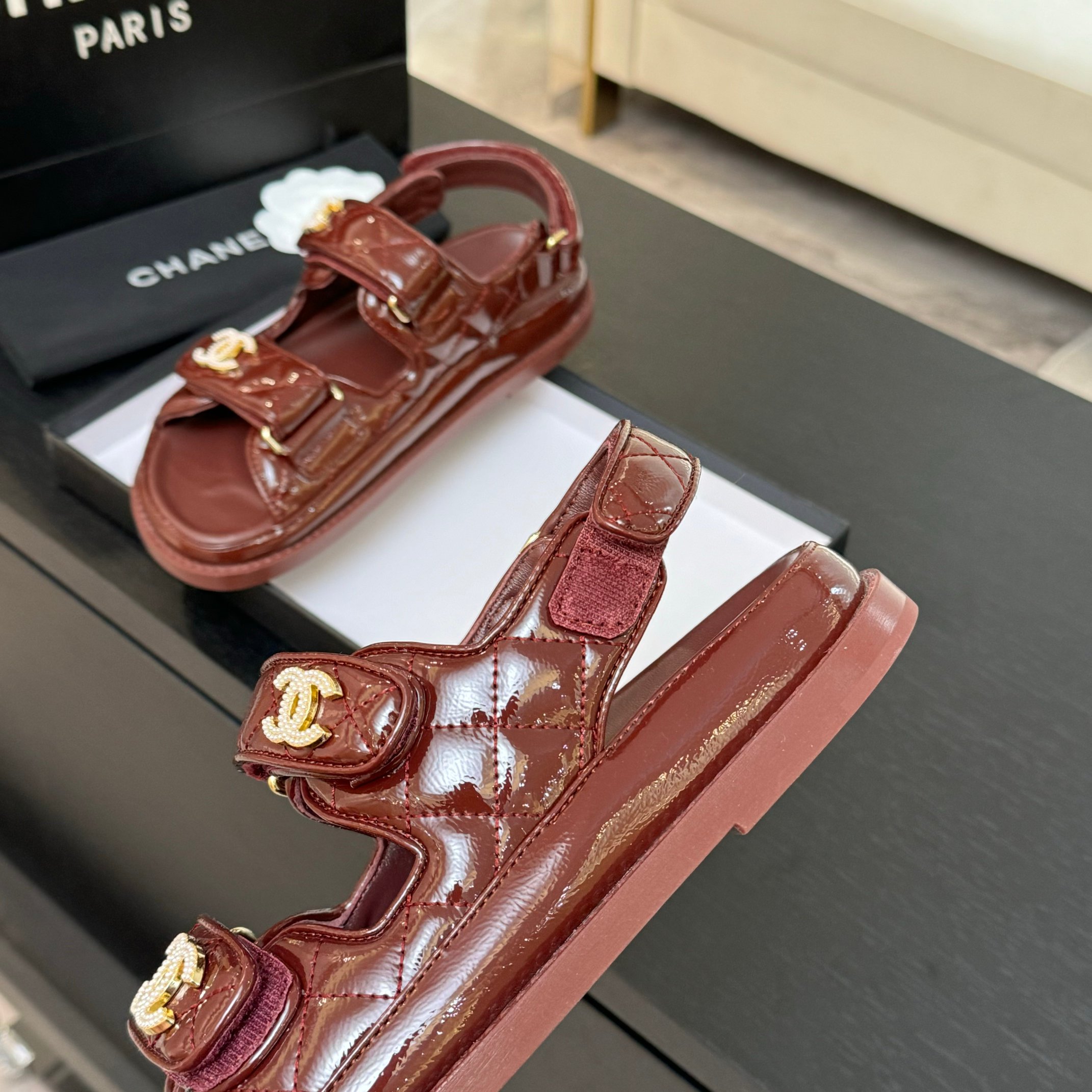Chanel Velcro Beach Sandals Lambskin Crystal Lining Rubber Sole Maroon 6 a1744187911647 7763