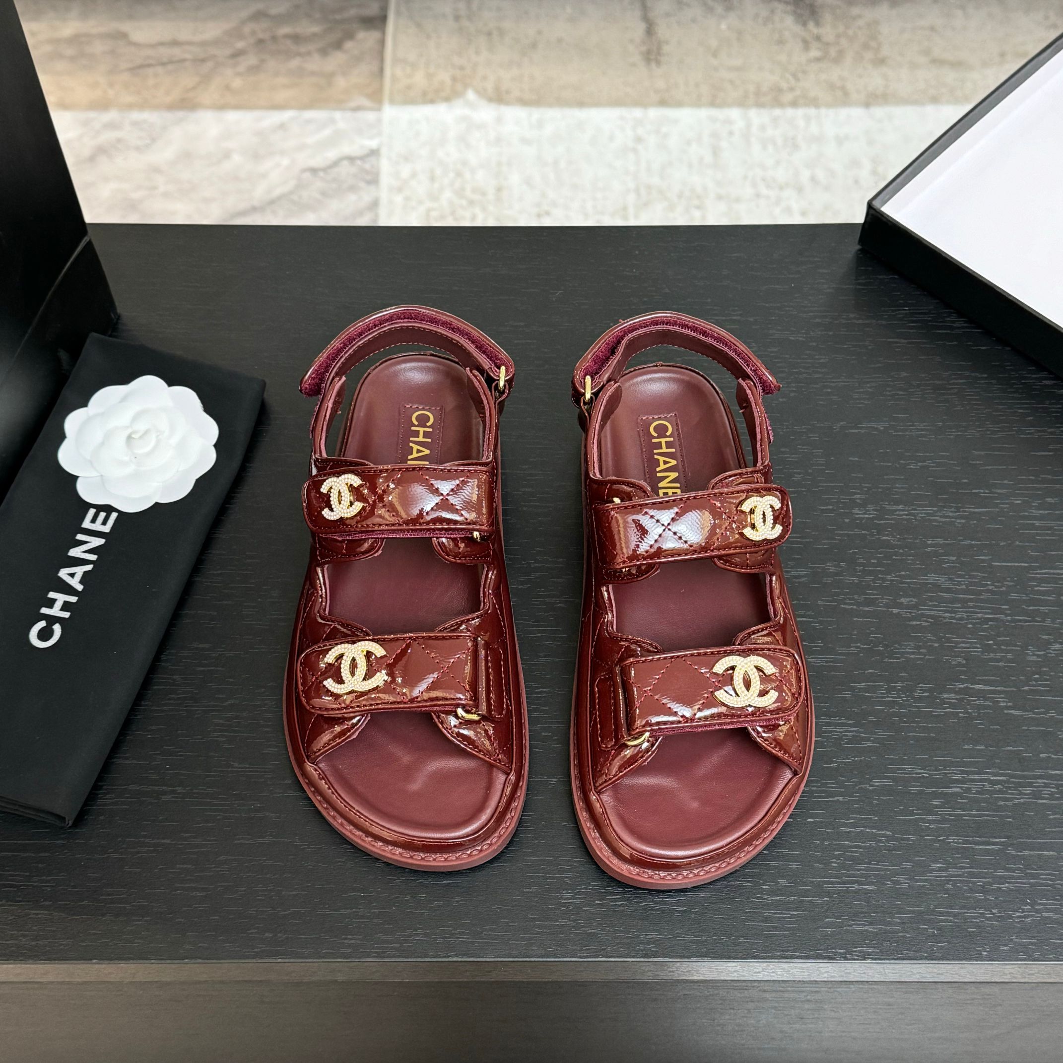 Chanel Velcro Beach Sandals Lambskin Crystal Lining Rubber Sole Maroon 1 Chanel Velcro Beach Sandals Lambskin Crystal Lining Rubber Sole Maroon