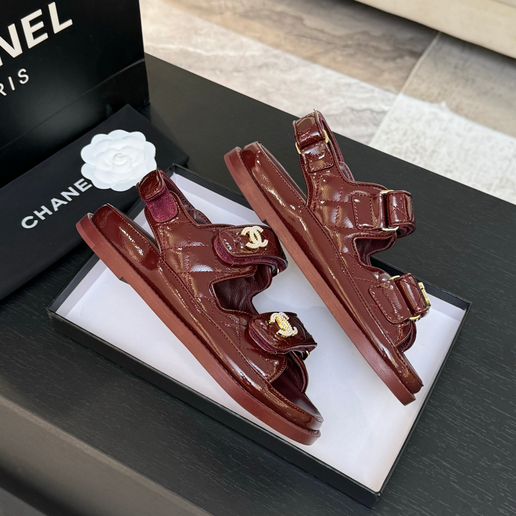 Chanel Velcro Beach Sandals Lambskin Crystal Lining Rubber Sole Maroon 9 a1744187913646 7163