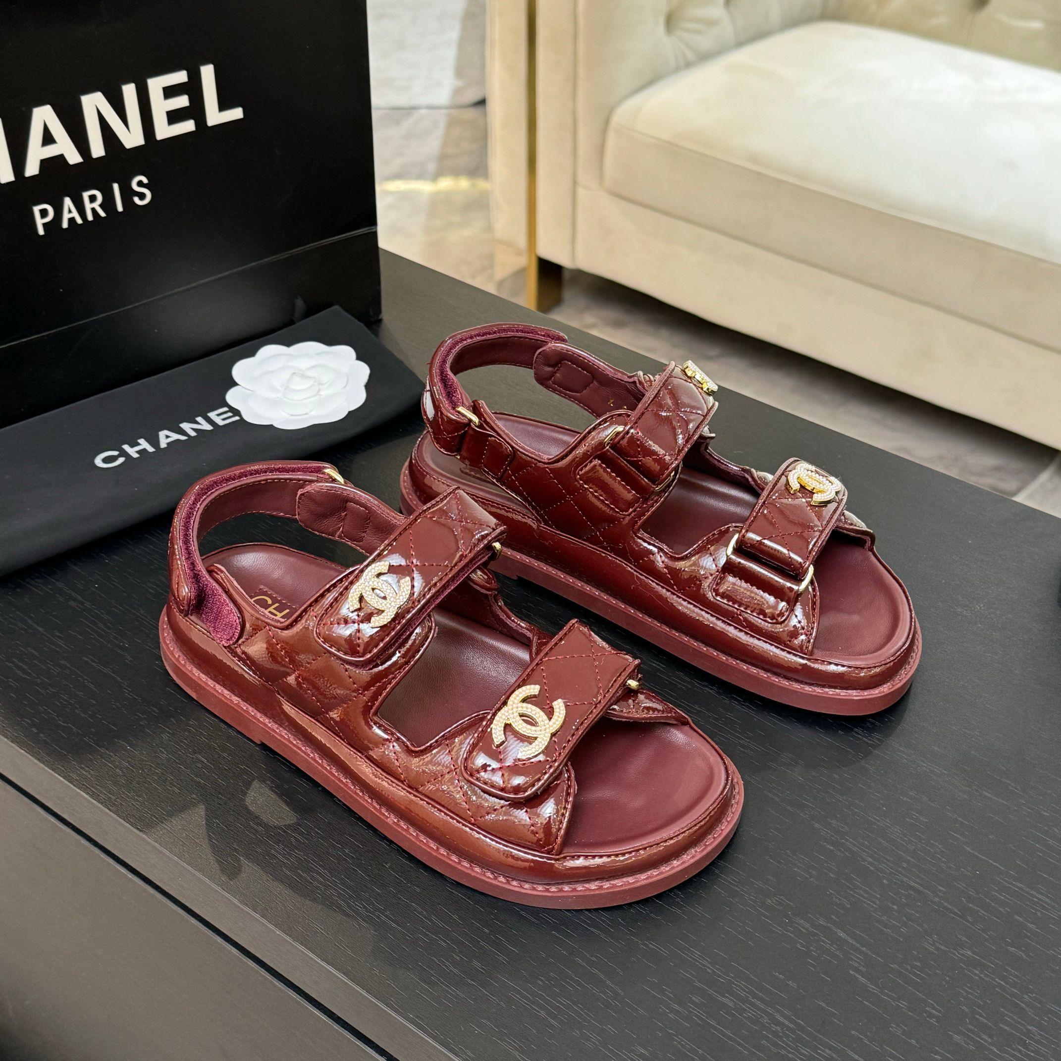 Chanel Velcro Beach Sandals Lambskin Crystal Lining Rubber Sole Maroon 10 a1744187913765 4874