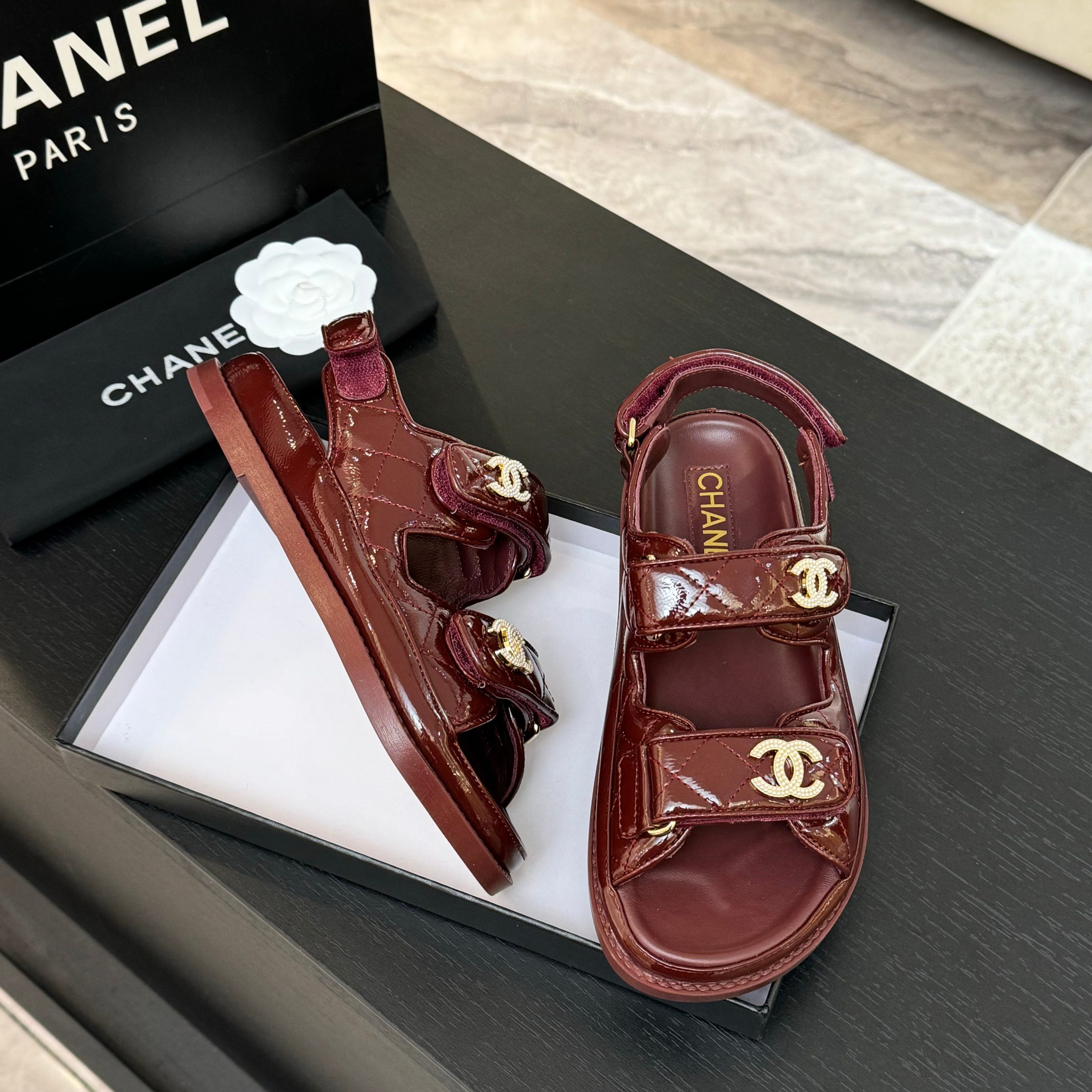 Chanel Velcro Beach Sandals Lambskin Crystal Lining Rubber Sole Maroon 8 a1744187913766 2336