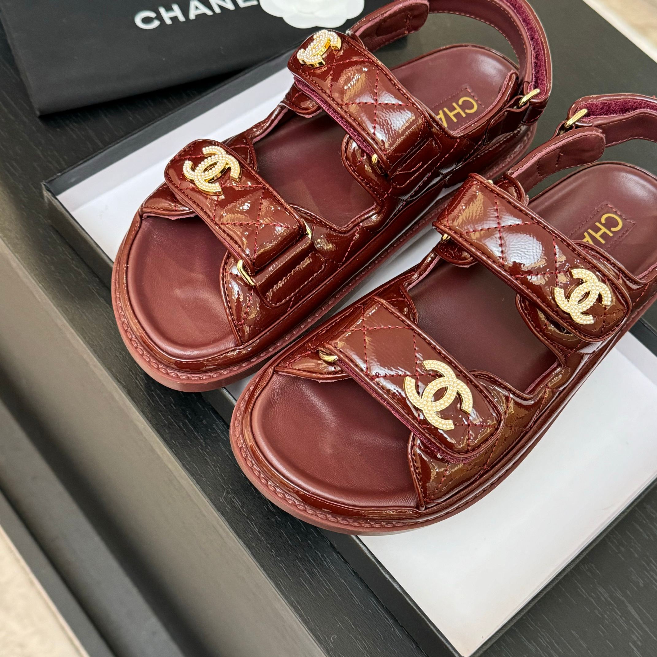 Chanel Velcro Beach Sandals Lambskin Crystal Lining Rubber Sole Maroon 7 a1744187913817 0383