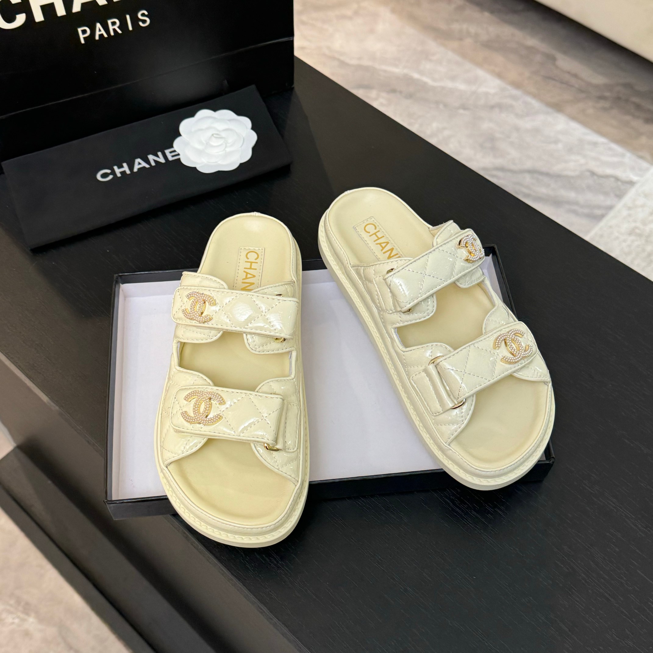 Chanel Women's Velcro Beach Sandals Lambskin Leather - New Color Series 1 Chanel Women's Velcro Beach Sandals Lambskin Leather - New Color Series
