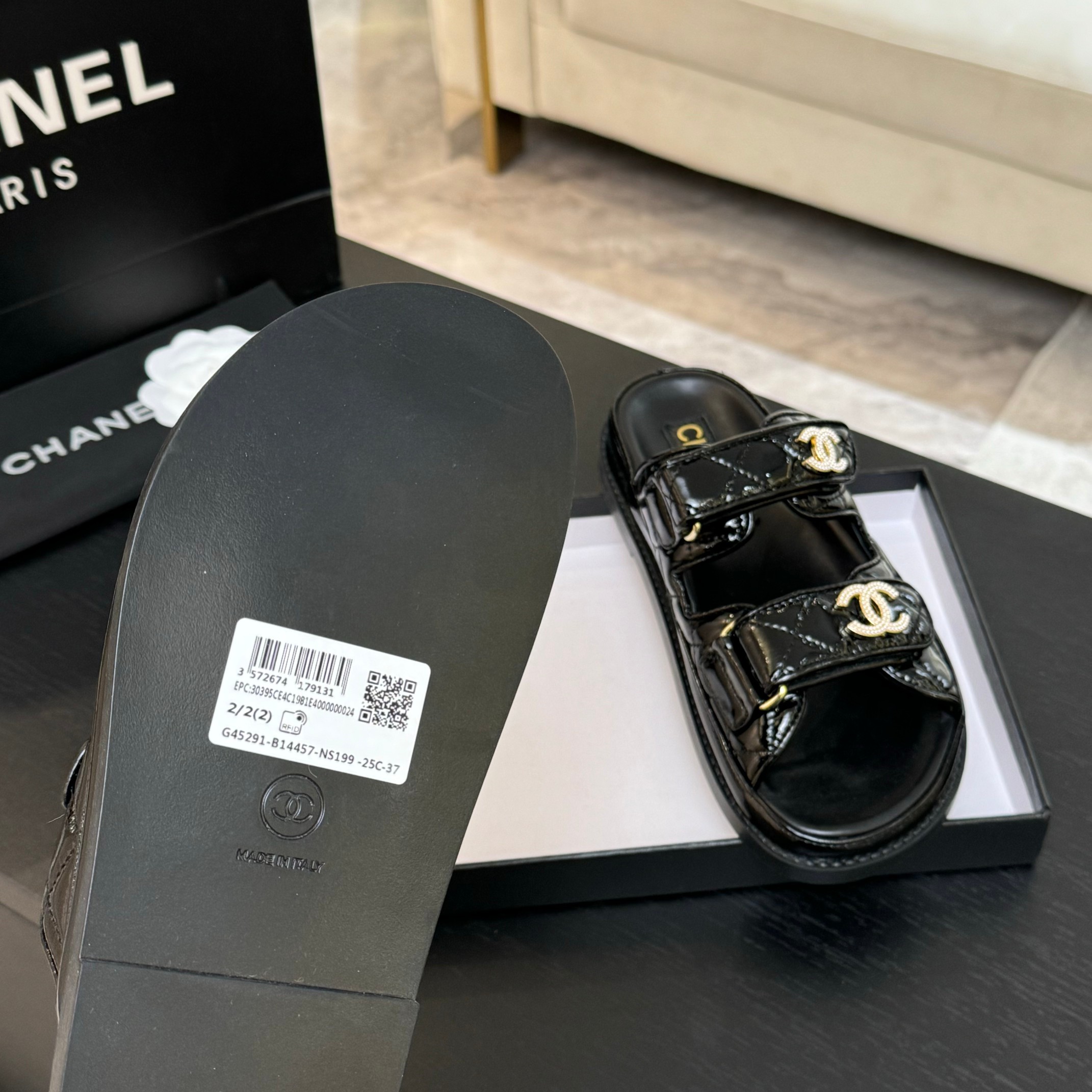 Chanel Women's Black Lambskin Sandals with Adjustable Strap & Gold Logo 5 a1744187986487 8843