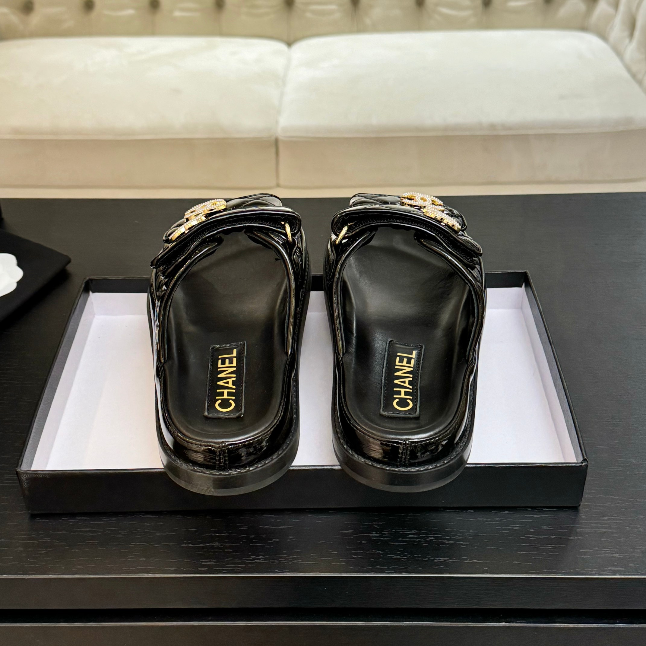 Chanel Women's Black Lambskin Sandals with Adjustable Strap & Gold Logo 6 a1744187986661 4418