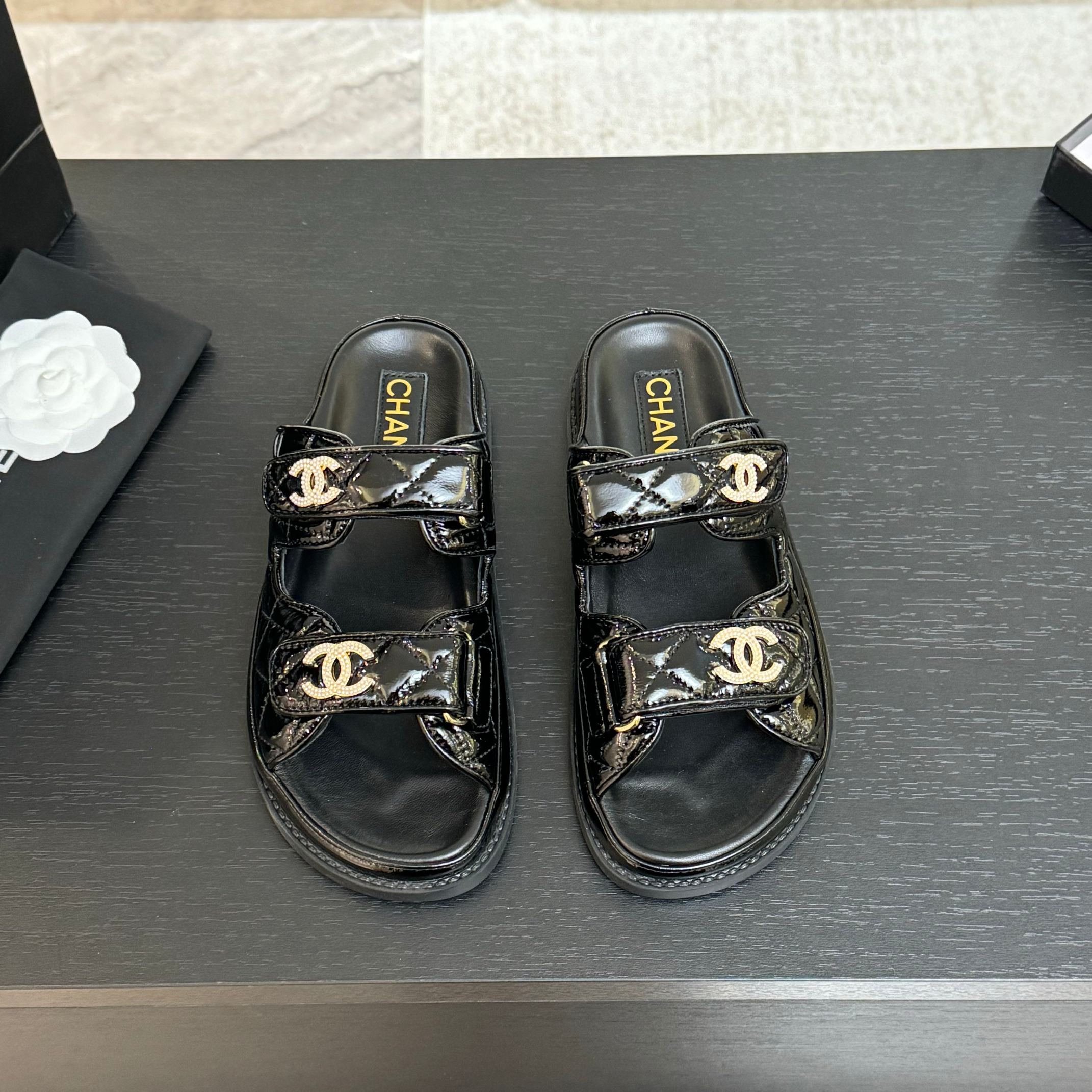 Chanel Women's Black Lambskin Sandals with Adjustable Strap & Gold Logo 3 a1744187986820 8736