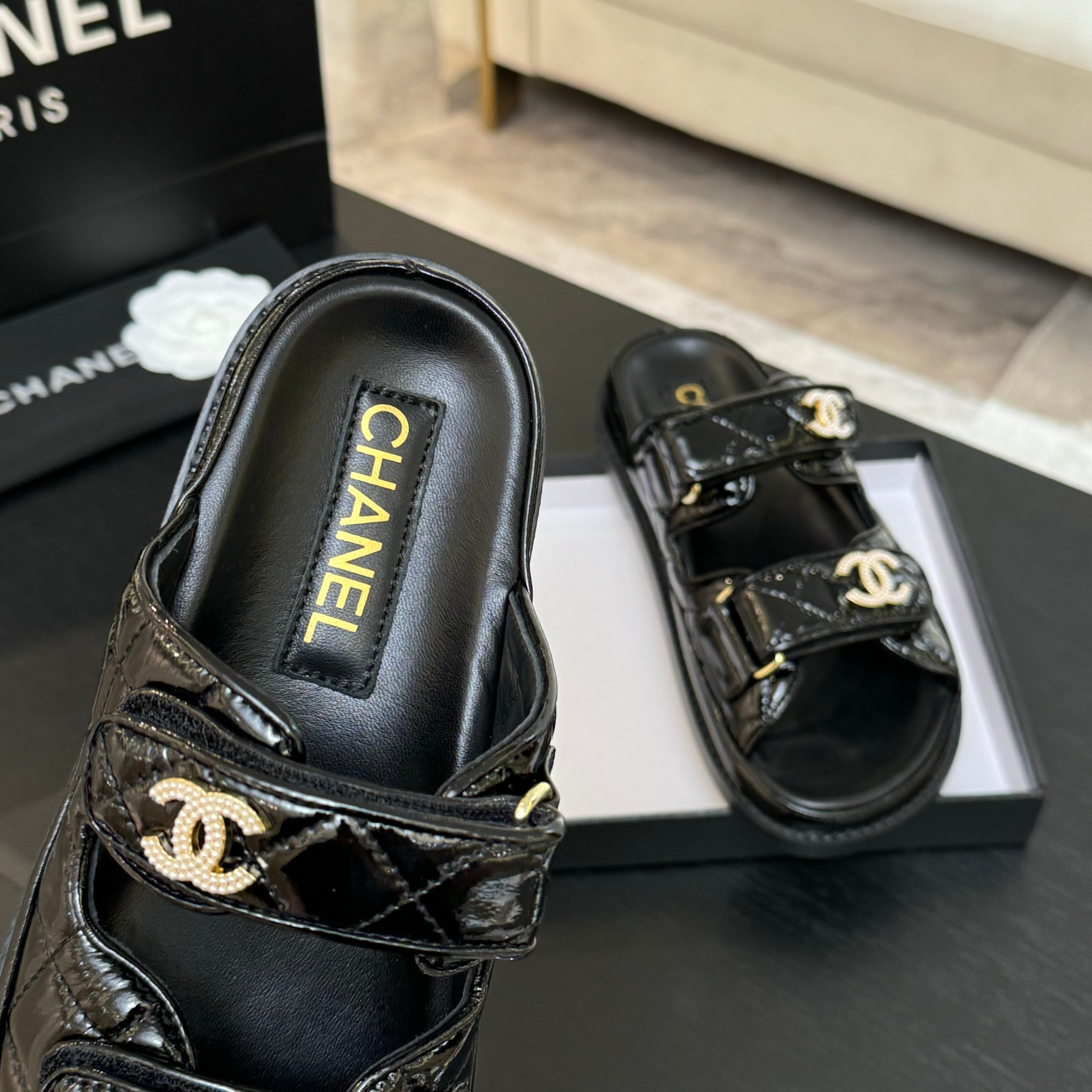 Chanel Women's Black Lambskin Sandals with Adjustable Strap & Gold Logo 4 a1744187987163 1574