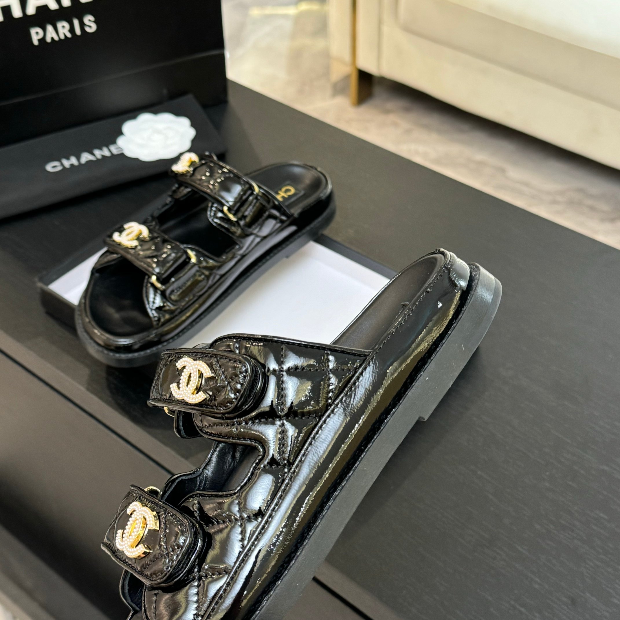 Chanel Women's Black Lambskin Sandals with Adjustable Strap & Gold Logo 7 a1744187988997 6585