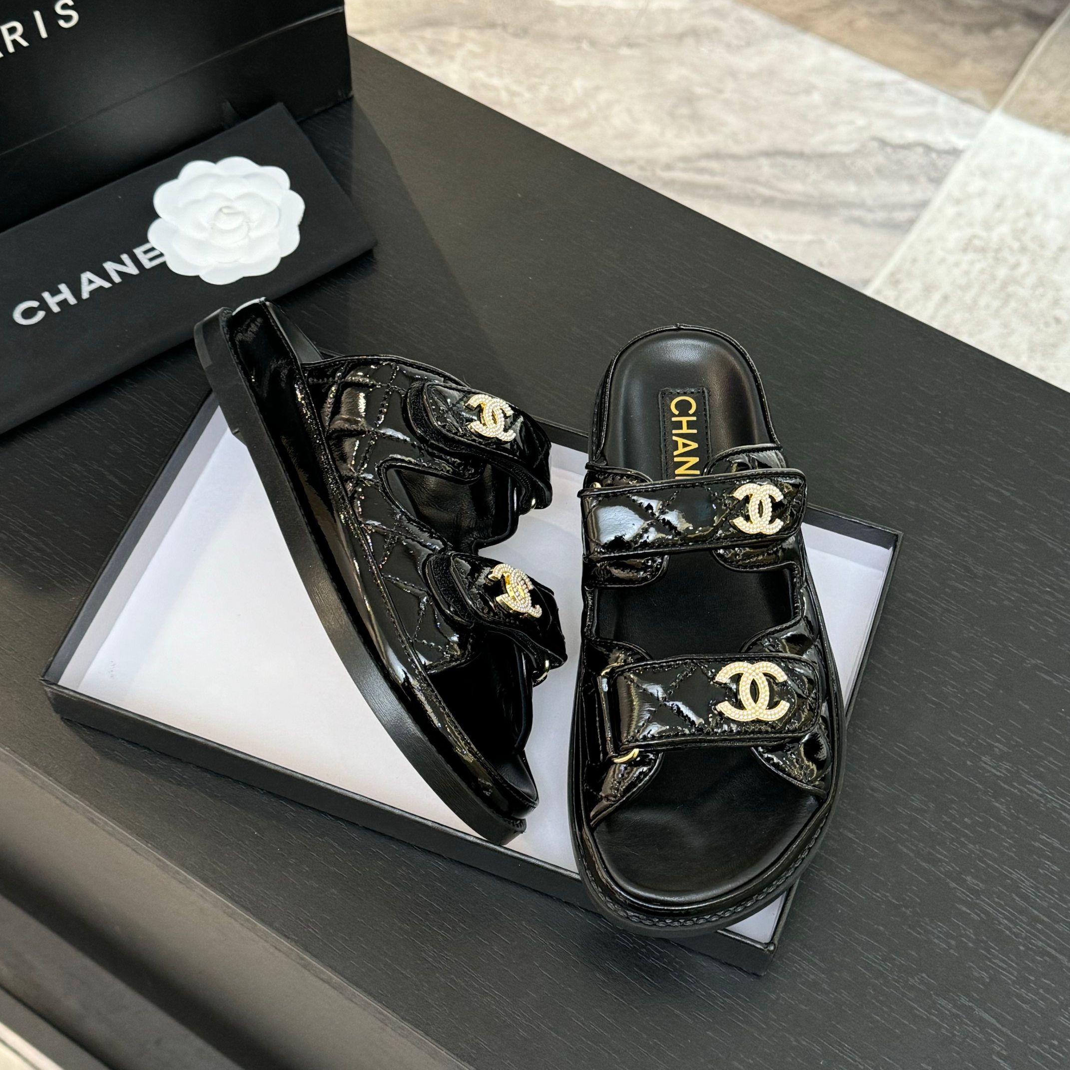 Chanel Women's Black Lambskin Sandals with Adjustable Strap & Gold Logo 9 a1744187989086 4304