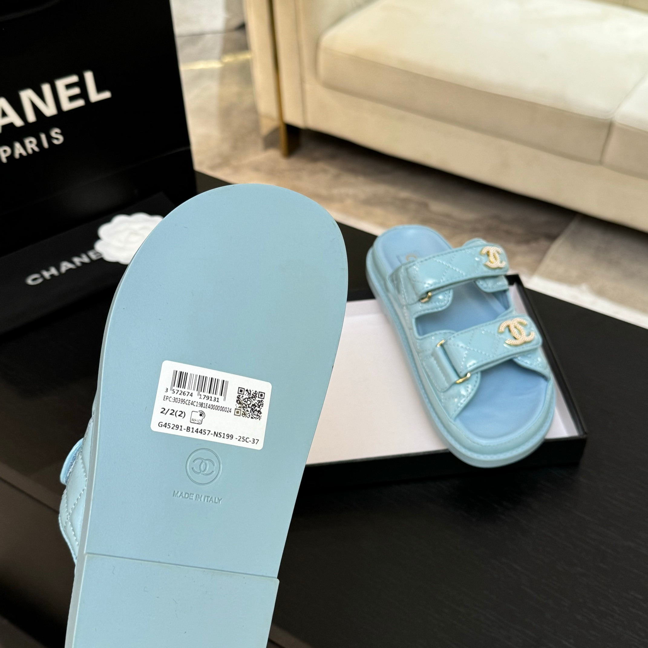 Chanel Women's Blue Lambskin Leather Velcro Sandals 6 a1744188003362 4854