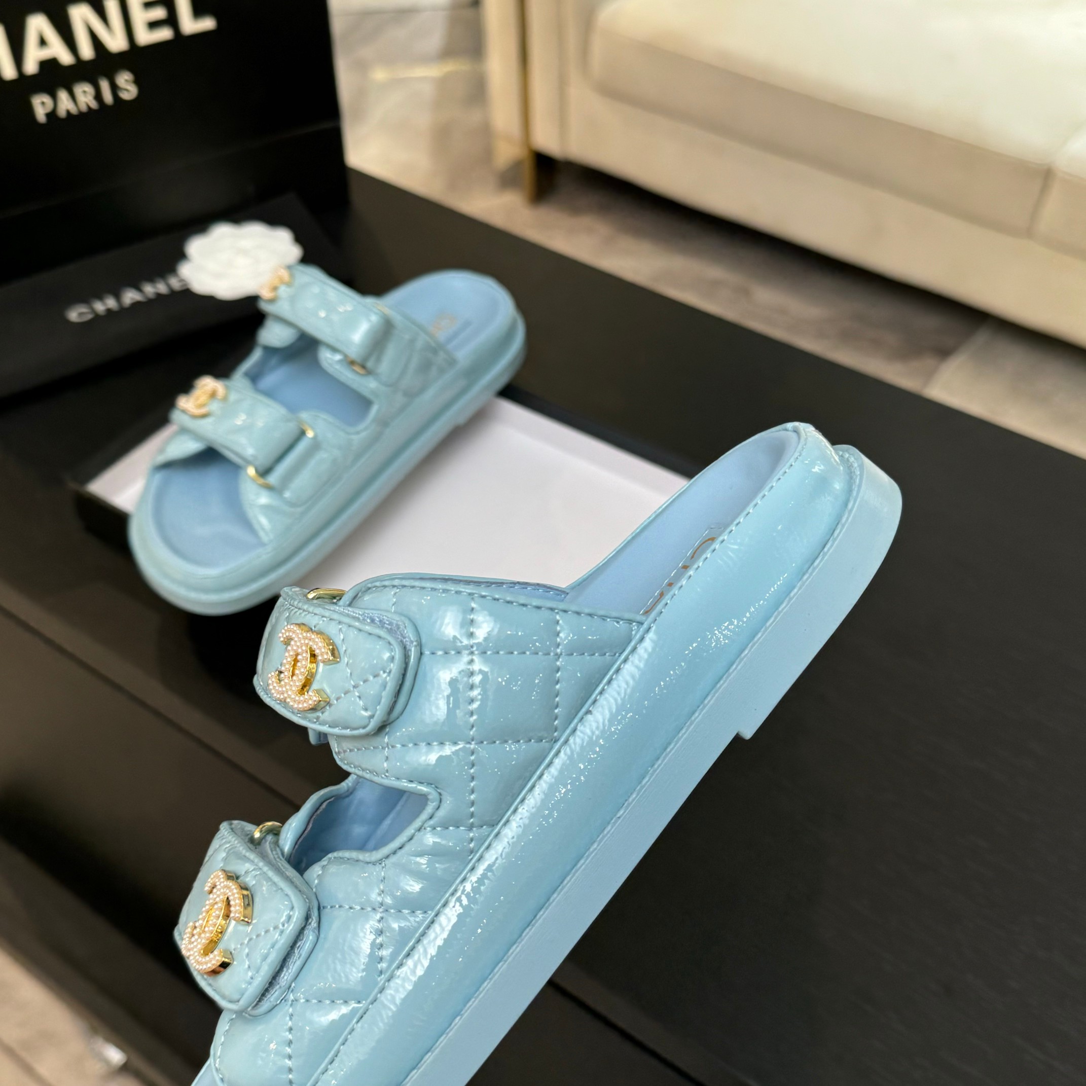Chanel Women's Blue Lambskin Leather Velcro Sandals 5 a1744188003366 8174