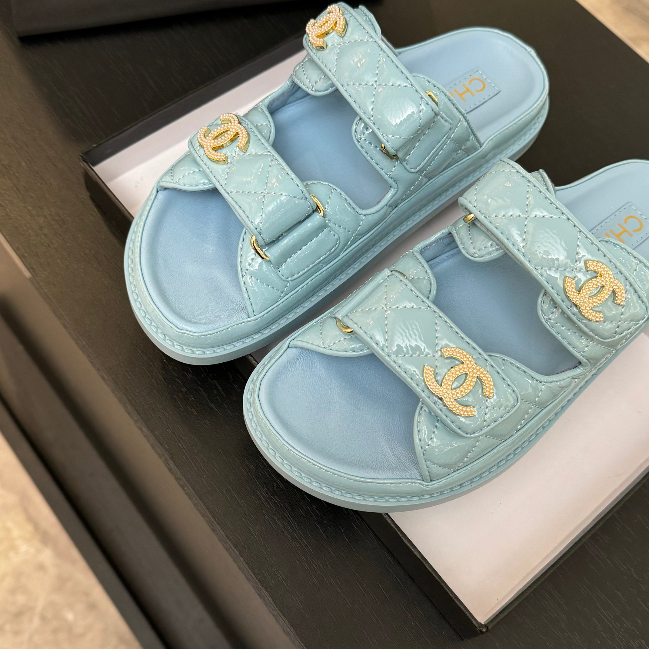 Chanel Women's Blue Lambskin Leather Velcro Sandals 4 a1744188003701 7225