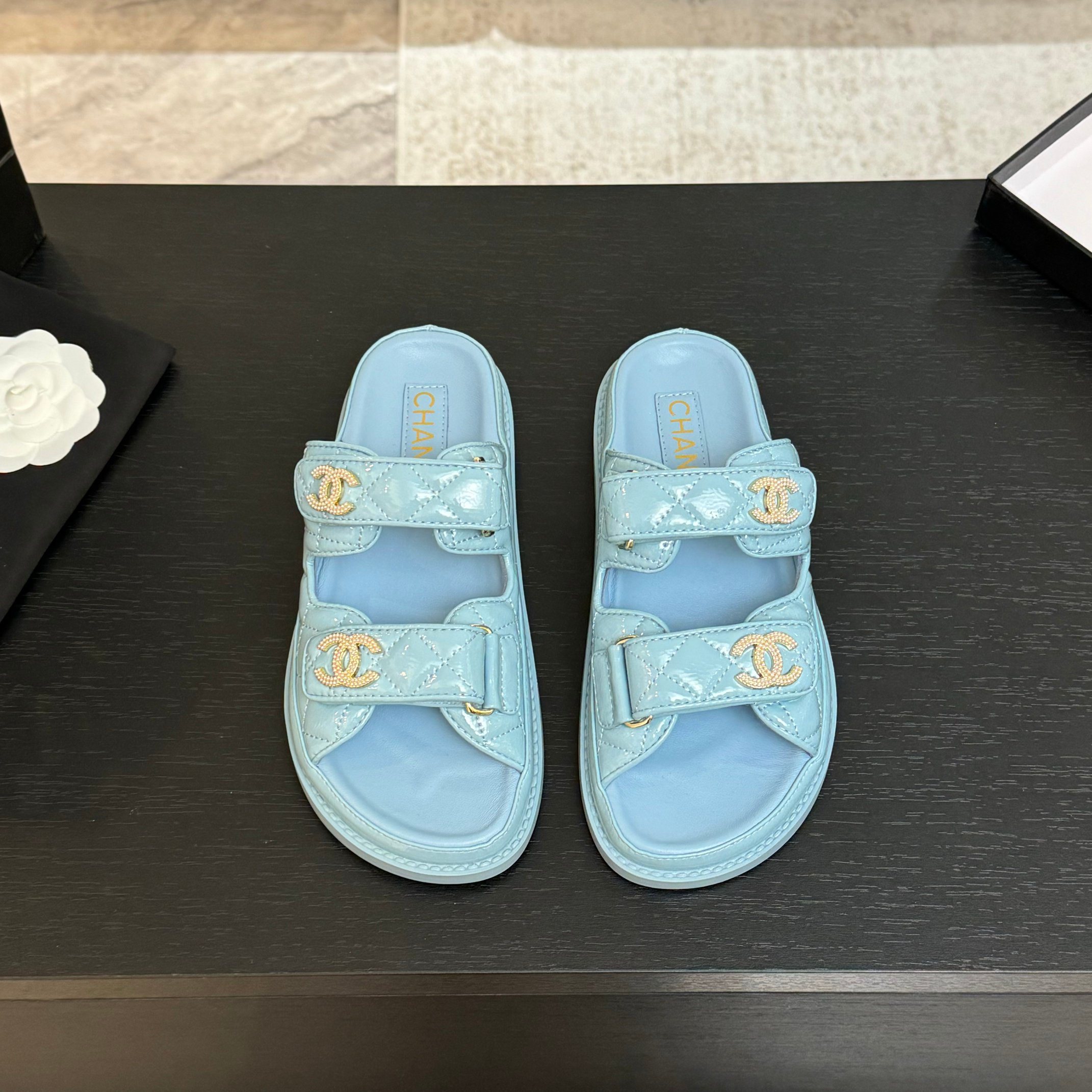 Chanel Women's Blue Lambskin Leather Velcro Sandals 3 a1744188003893 4455
