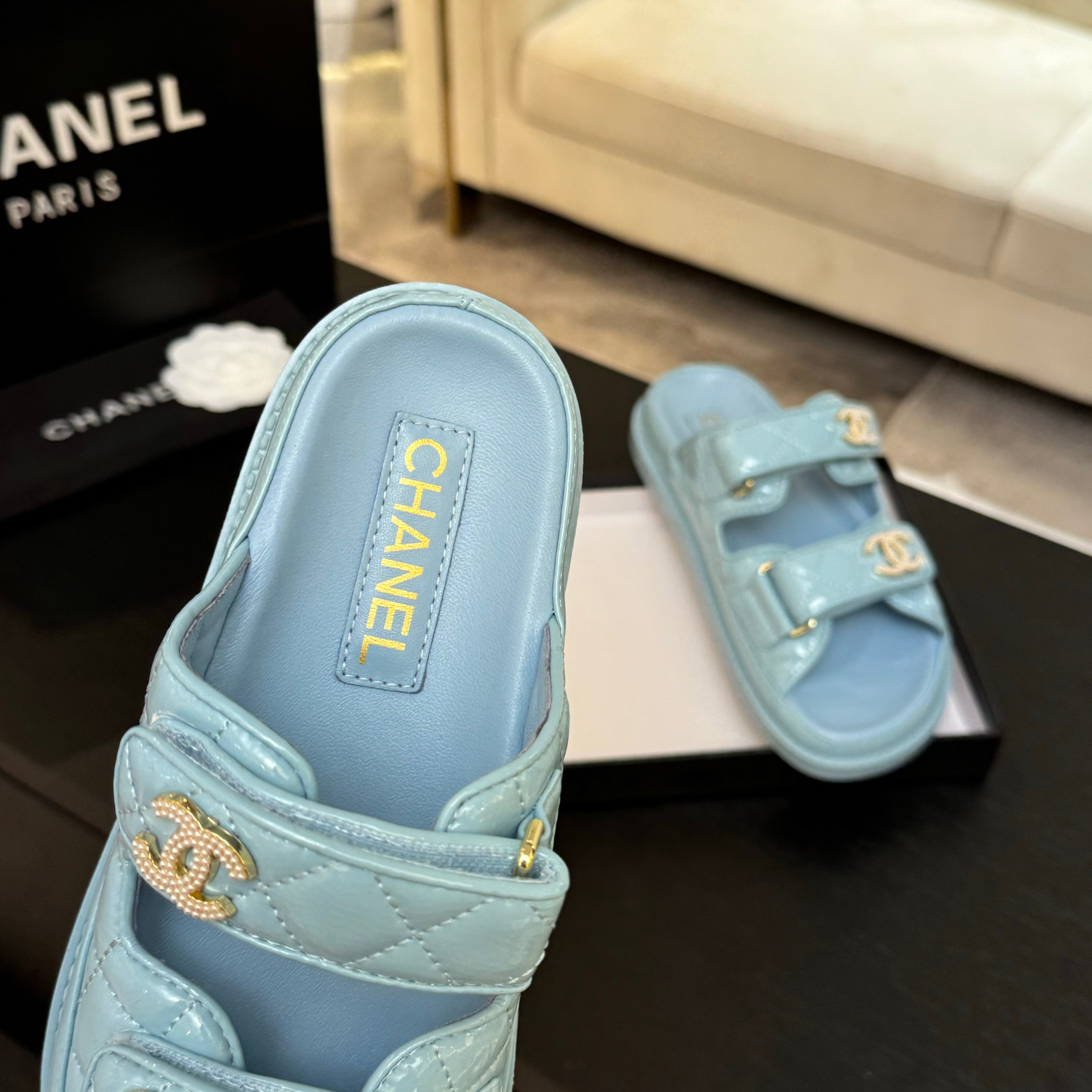 Chanel Women's Blue Lambskin Leather Velcro Sandals 10 a1744188005524 7786